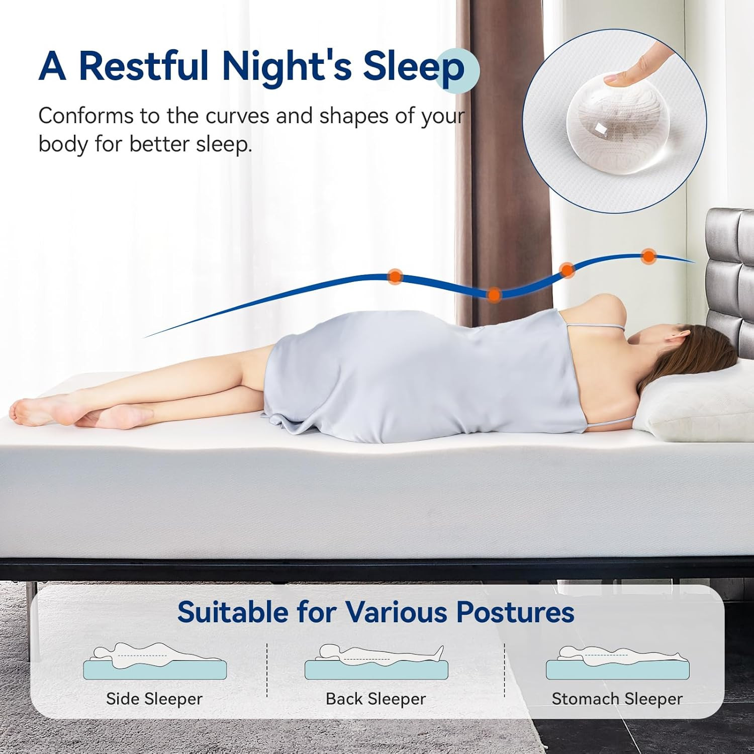 Breathable Memory Foam Mattress, Soft Plush Feel, 10 Inch, Queen, White/Grey