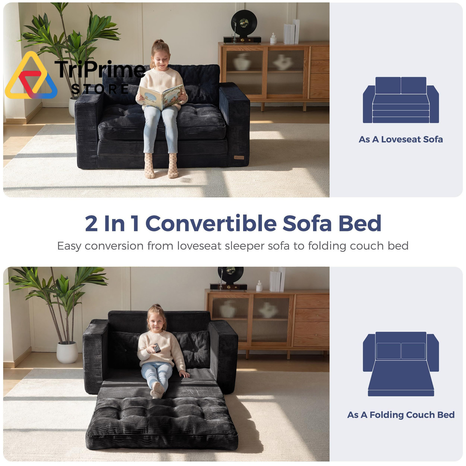 MAXYOYO Convertible Sofa Bed, Pull Out Loveseat 59″ Tri-fold Loveseat, Black