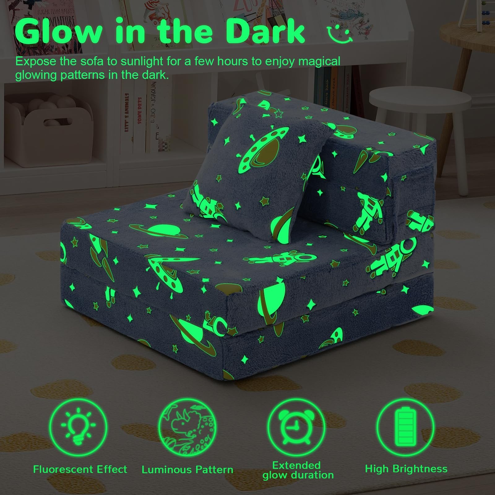 Foldable Futon Chair Bed for Kids, Glow Tri-fold Sofa Bed Convertible Toddler…