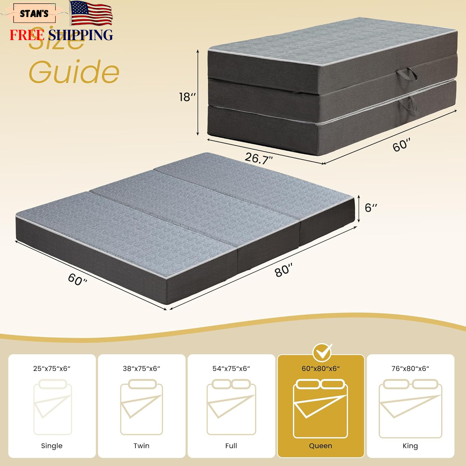 Tri Folding Mattress Queen Size 6 Inch Dual Layer Memory Foam Foldable Mattress