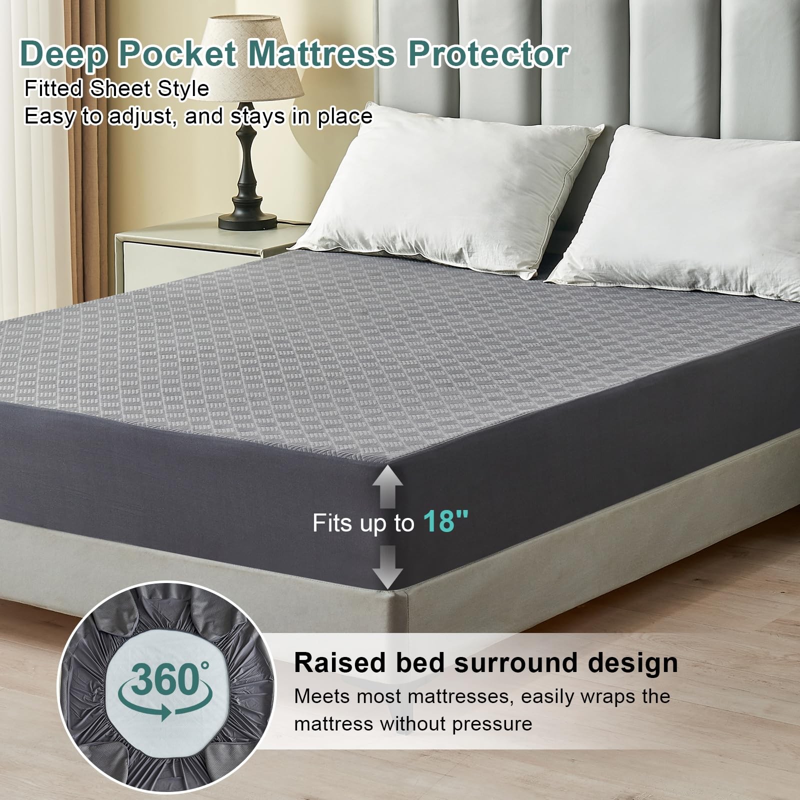 Inooro Queen Size Waterproof Mattress Protector, Breathable Bed Queen, Gray