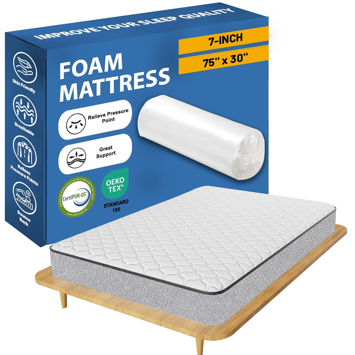 7-Inch Medium Firm High Density Foam Mattress for Cool, Supportive Sleep 75″x30
