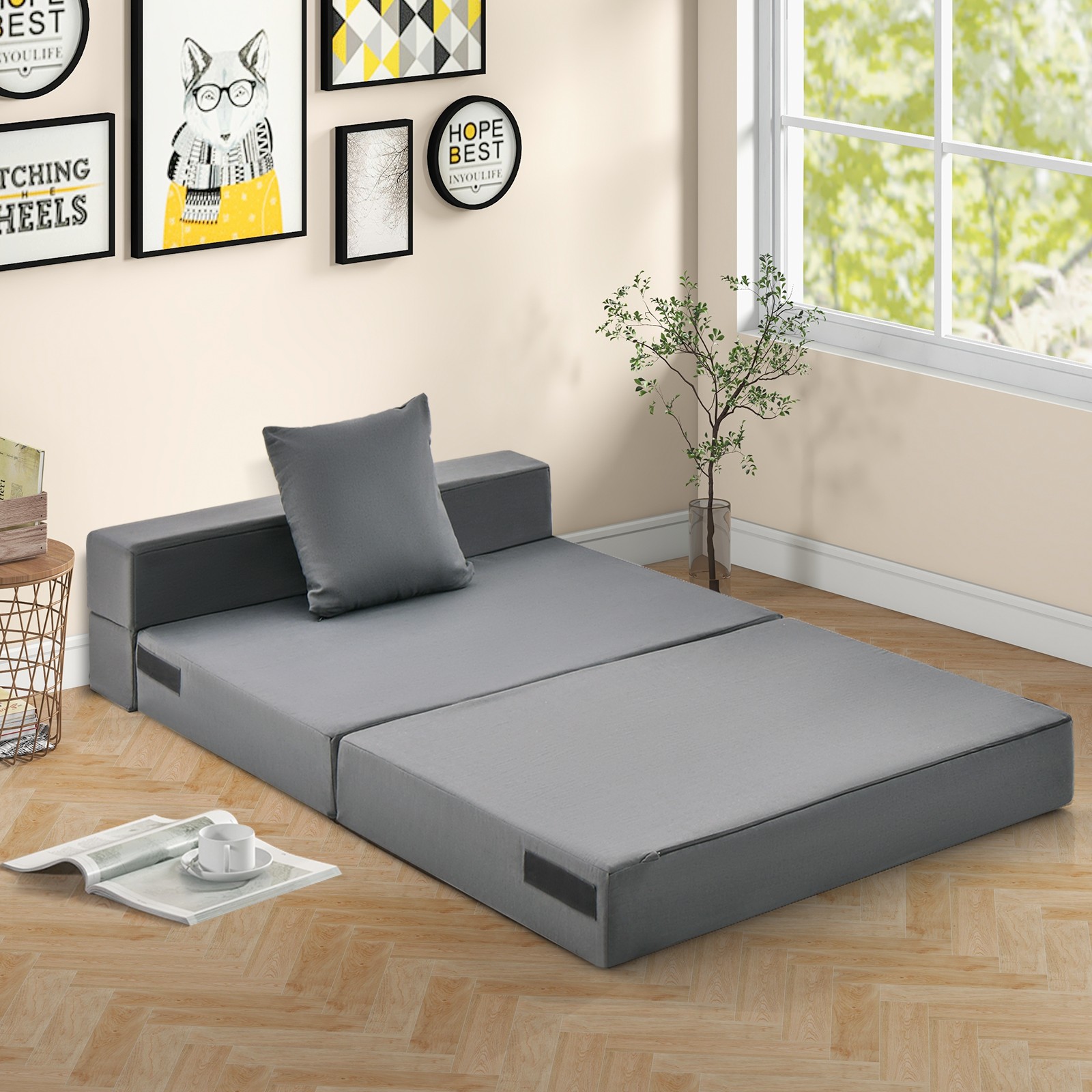 Folding Mattress w/ Pillow 6 Inch Tri-fold Sofa Bed w/ High-Density Foam