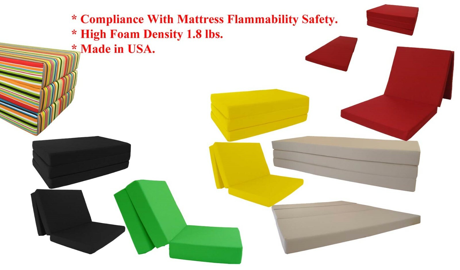 Twin Trifold Foam Beds, Foldable Mattresses, Cushions Seats 6x39x75 Multi Colors