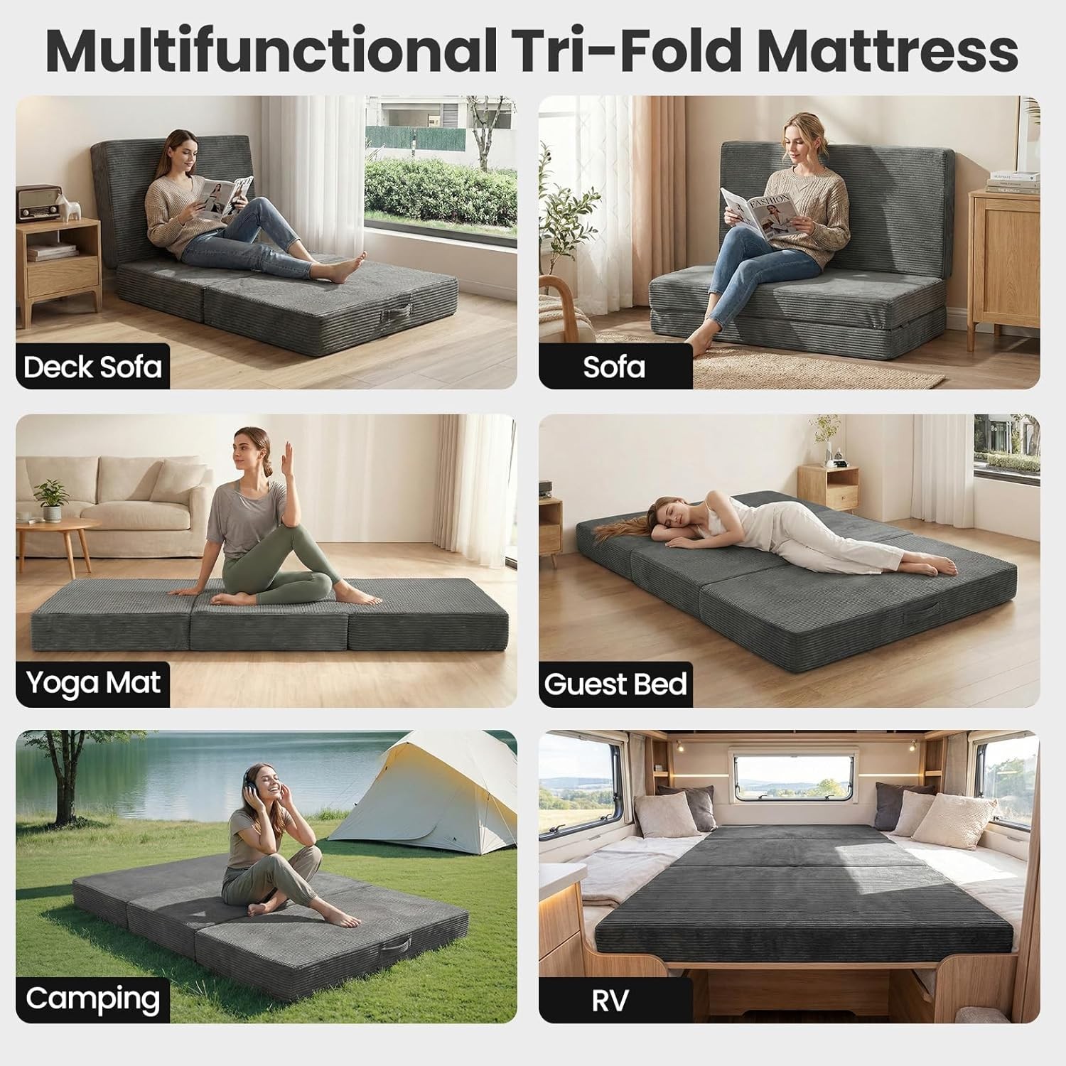 Folding Mattress Queen Size Trifold Mattress 6 inch Foldable Futon Sofa Bed W/