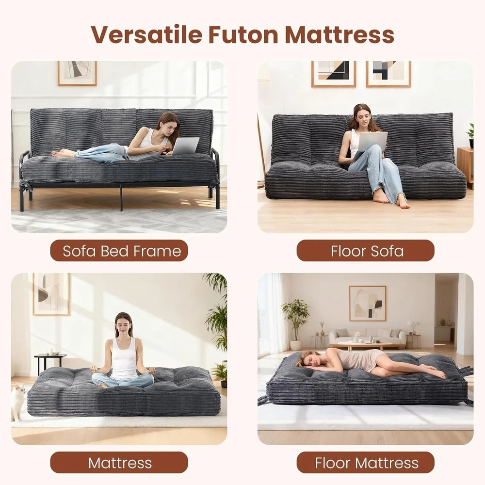 10″ Futon Mattress Queen Size Futons Sofa Couch Bed with Straps Thick Corduroy