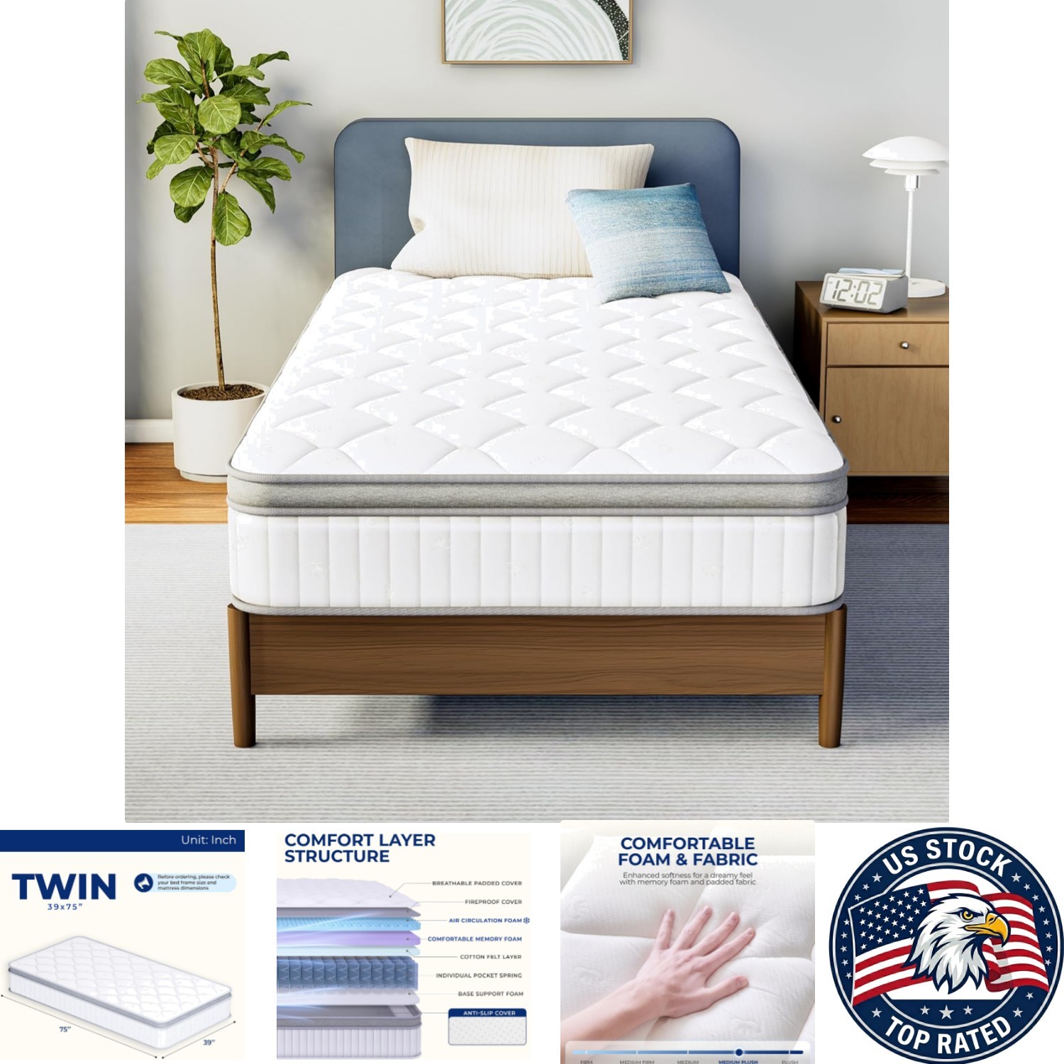 Eco-Friendly Twin Mattress: 10” Hybrid with Cooling Foam & Pocket Bloom Support