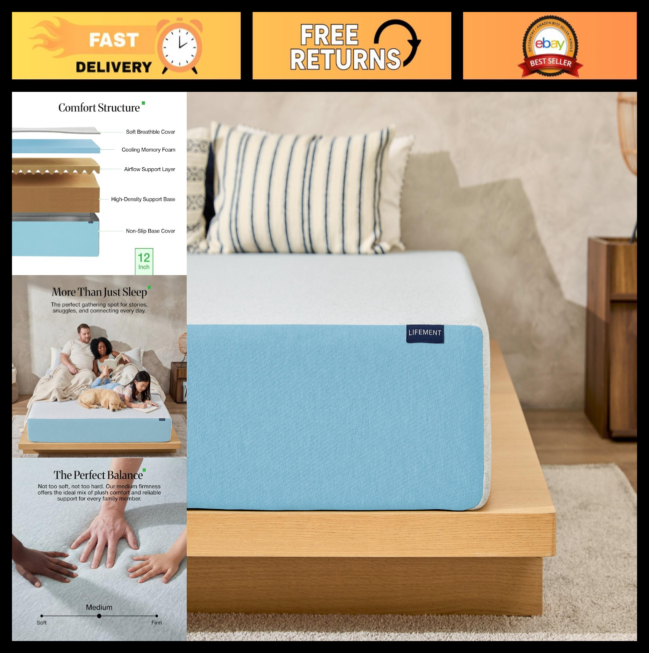 12″ King Size Cooling Gel Memory Foam Mattress – Medium Firm, Pressure Relief, C