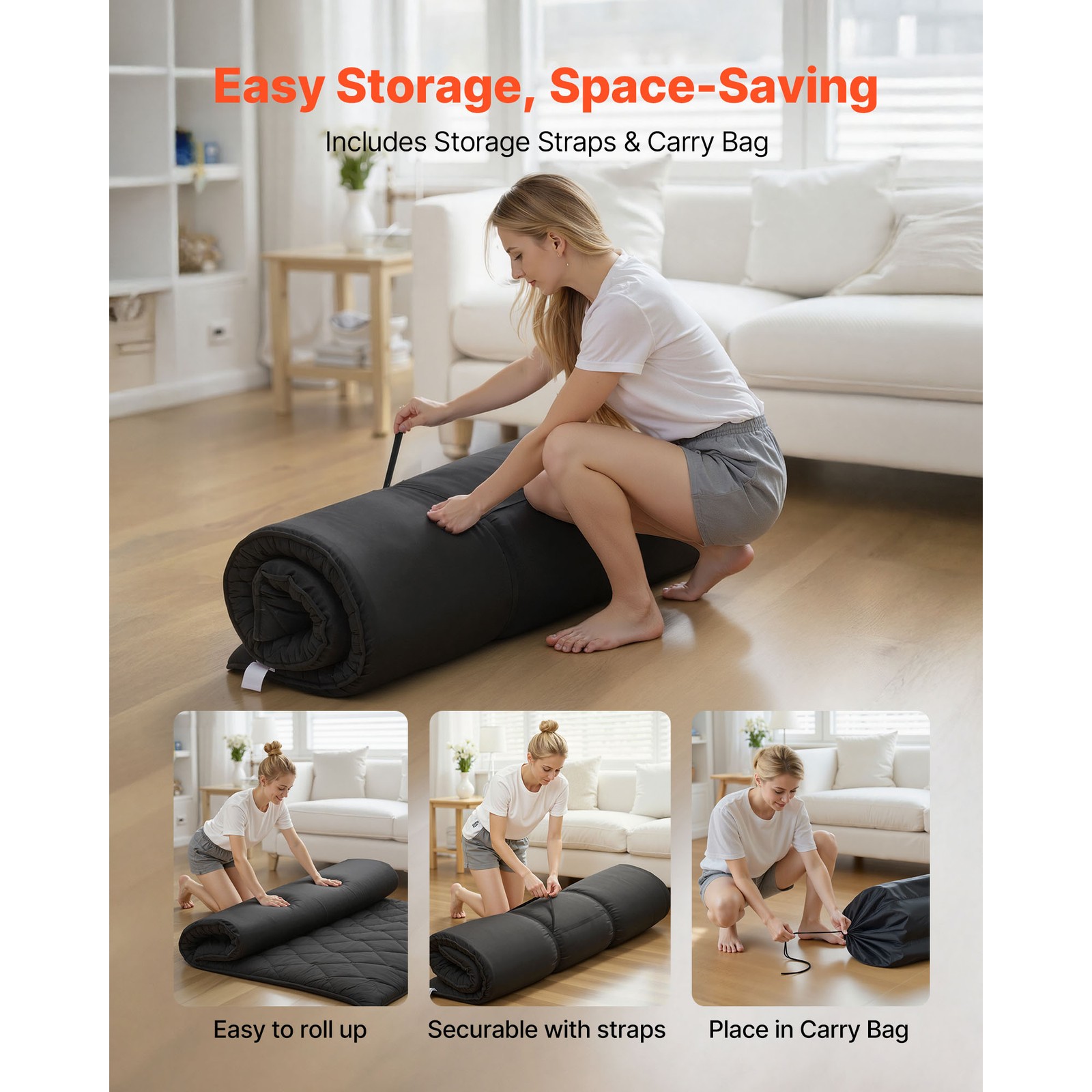 Uimoso Japanese Tatami Mattress Queen Size Foldable Futon with Storage Bag Black