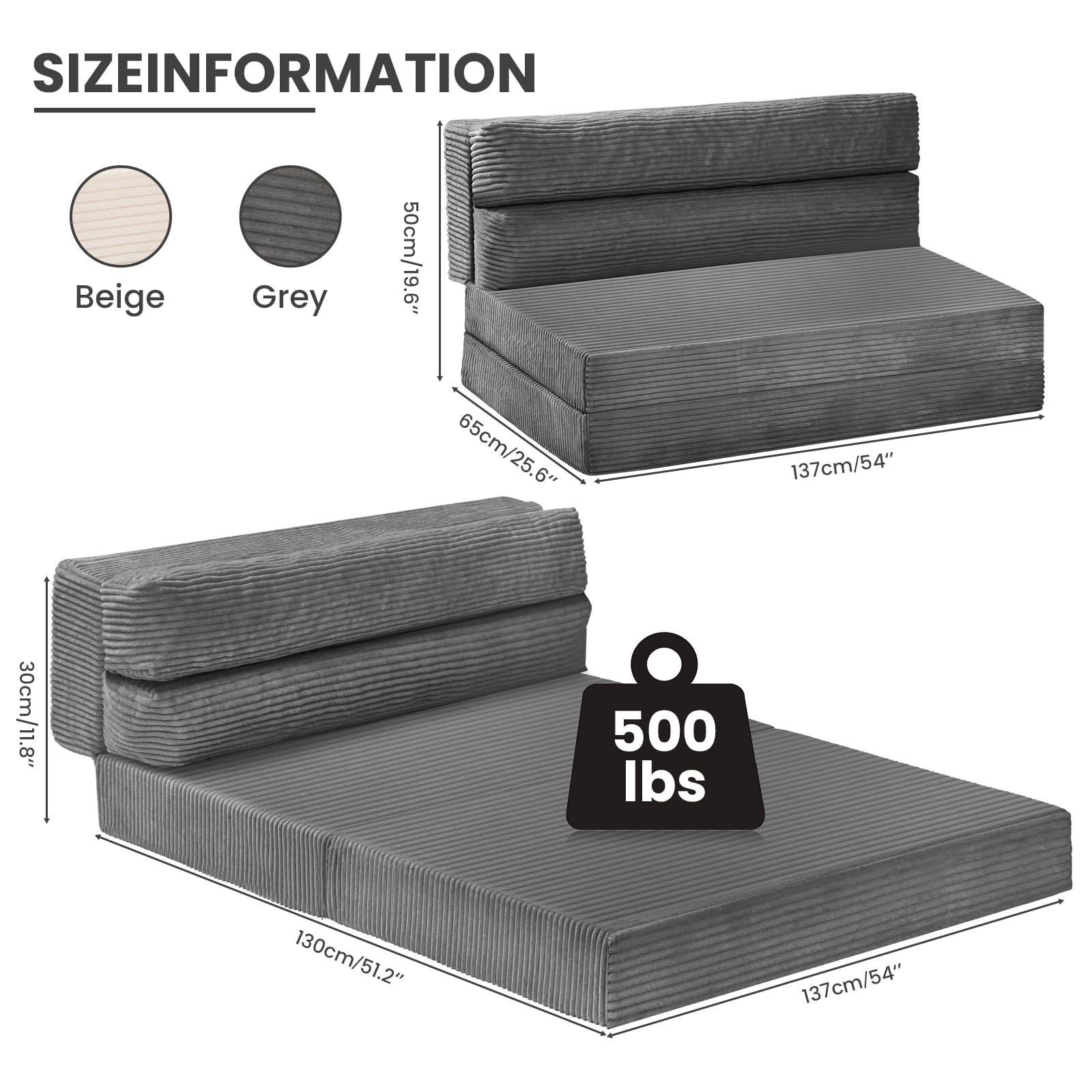JUIKURY Folding Sofa Bed, Convertible Sleeper Chair with Pilow Full, Grey