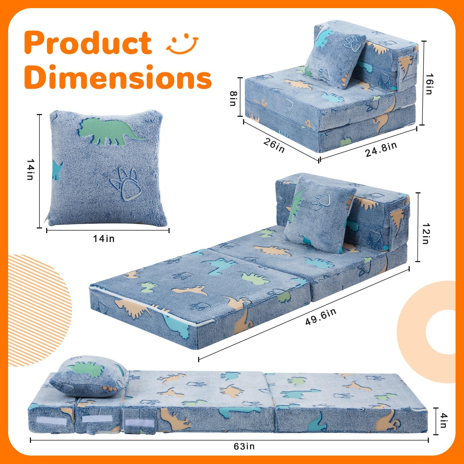 Foldable Futon Chair Bed for Kids, Glow Tri-fold Sofa Bed Convertible Toddler…