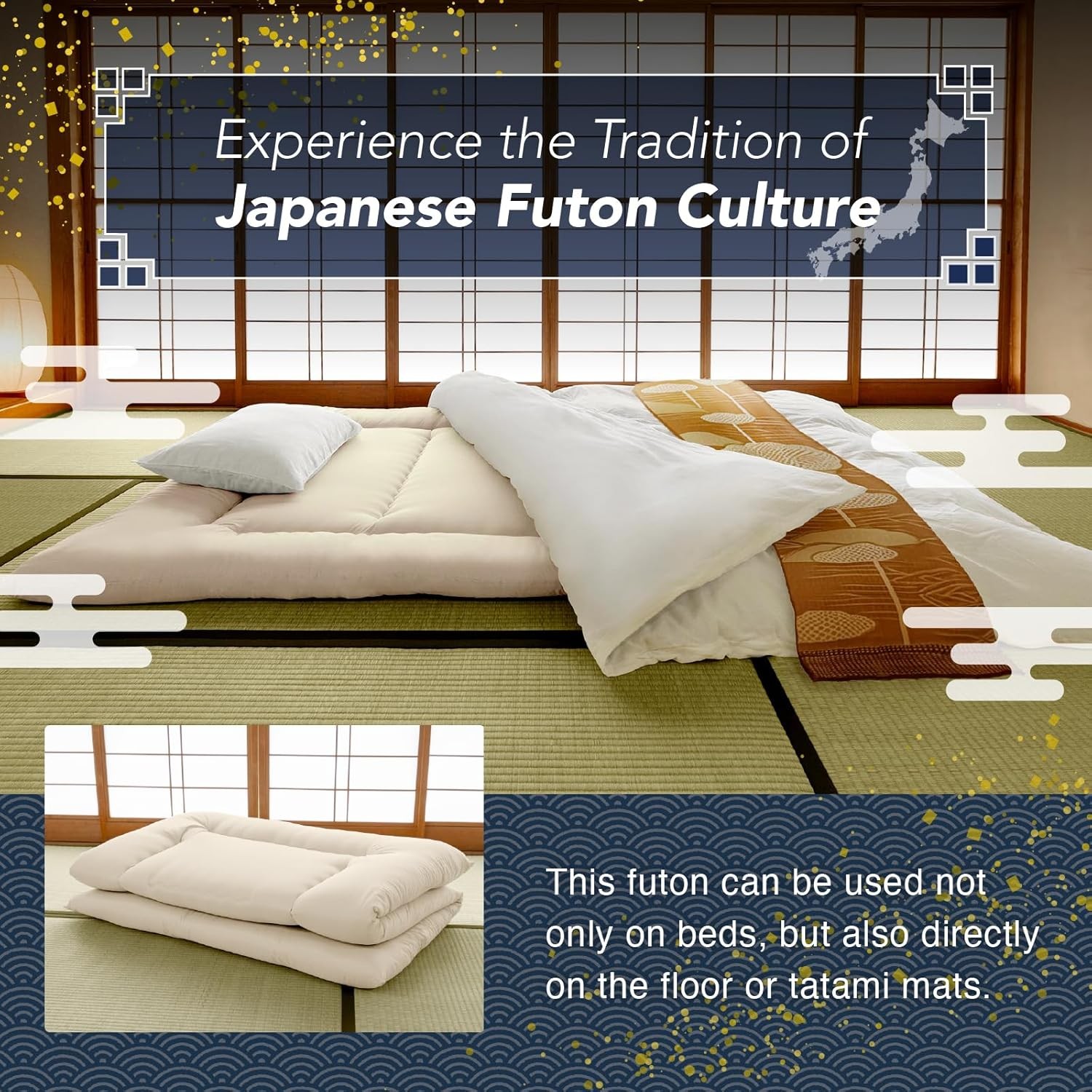 Japanese Futon Floor Mattr, Firm-Core SHIKIBUTON, Made in Japan