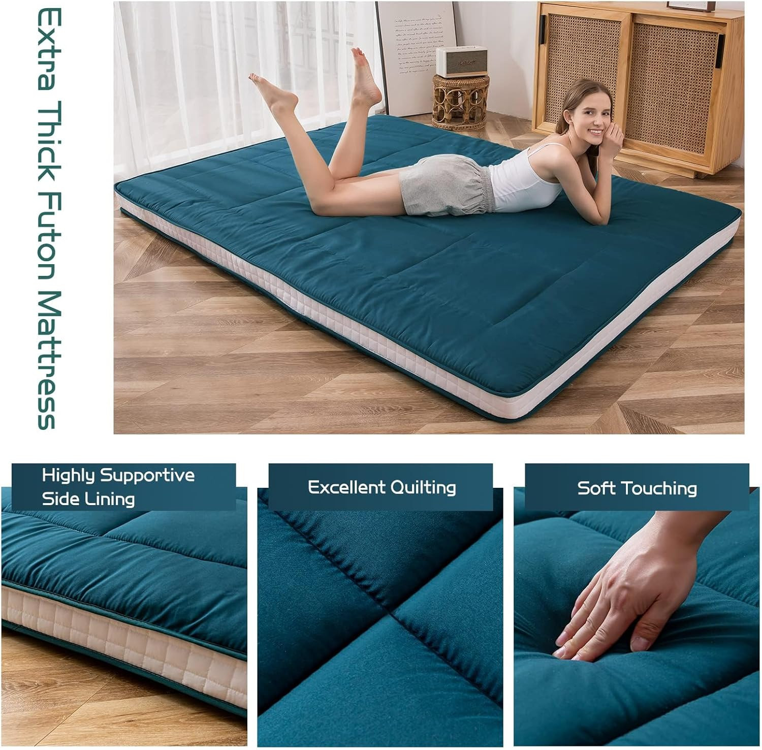 Extra Thick Quilted Futon Mattress – Full Size Folding Sleeping Pad, Bluestone
