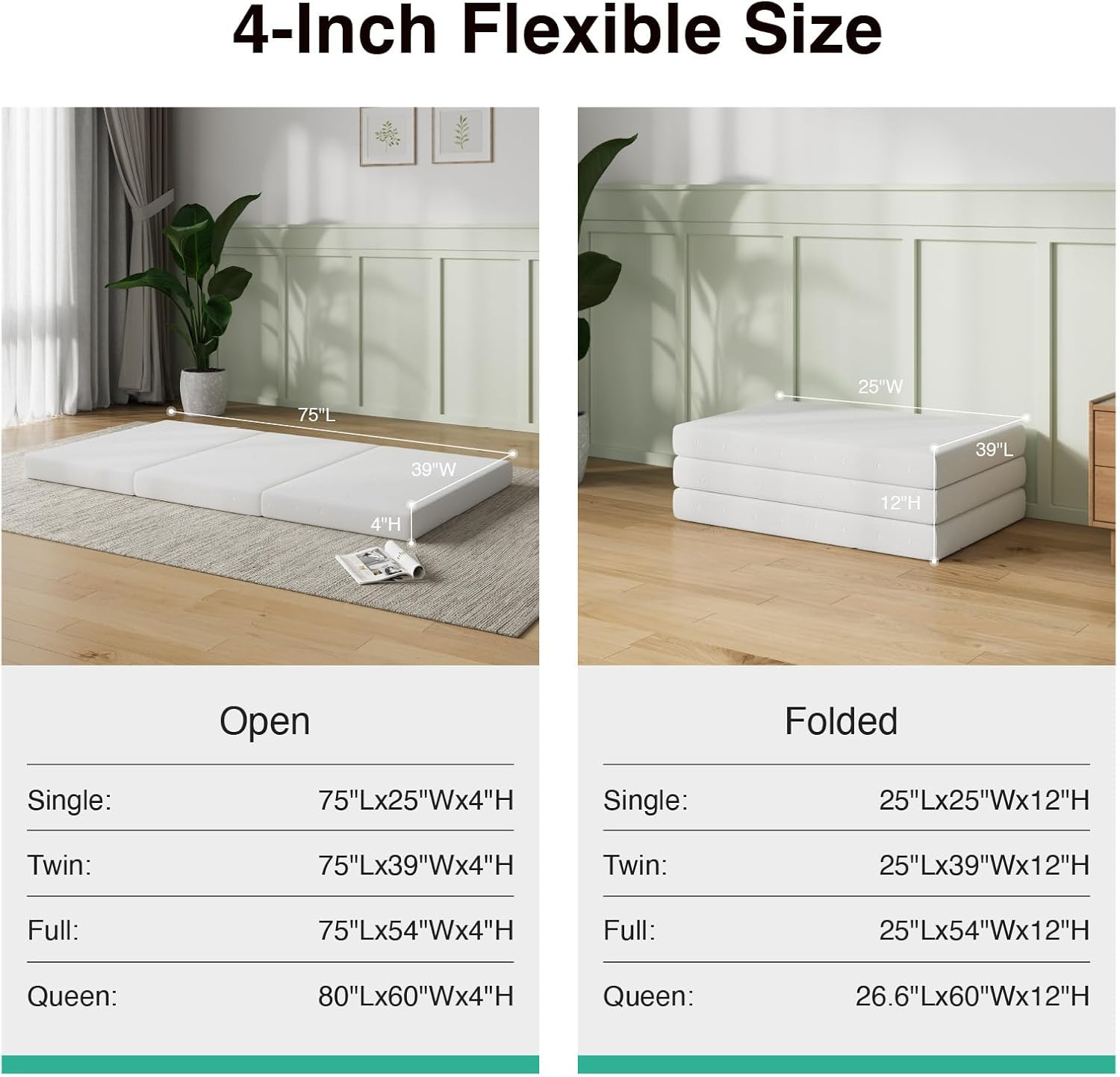 Foldable Mattresses Trifold Portable Memory Foam Twin Queen Choose Your Size