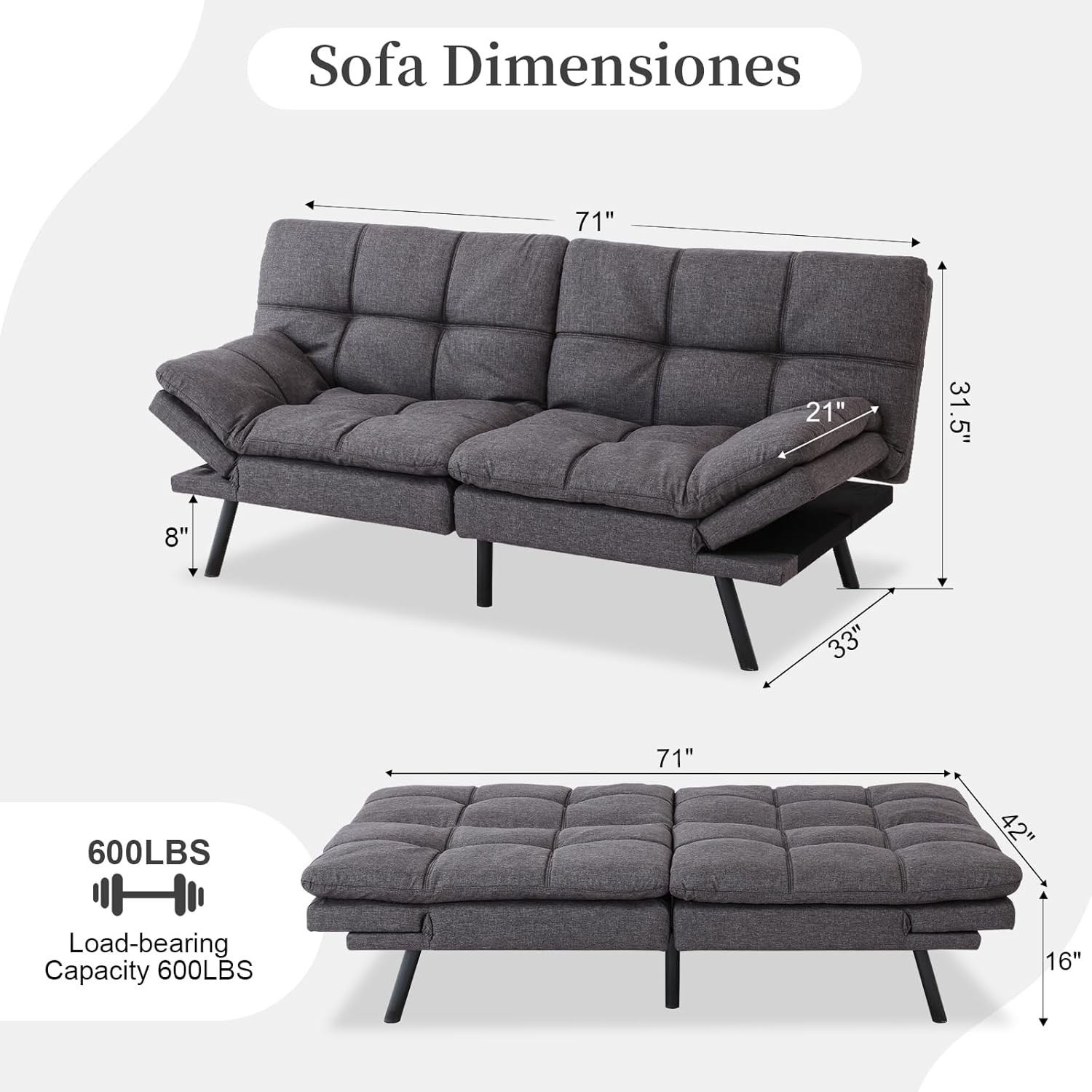 Futon Sofa Bed Convertible Memory Fo Couch Bed, Modern Sleeper