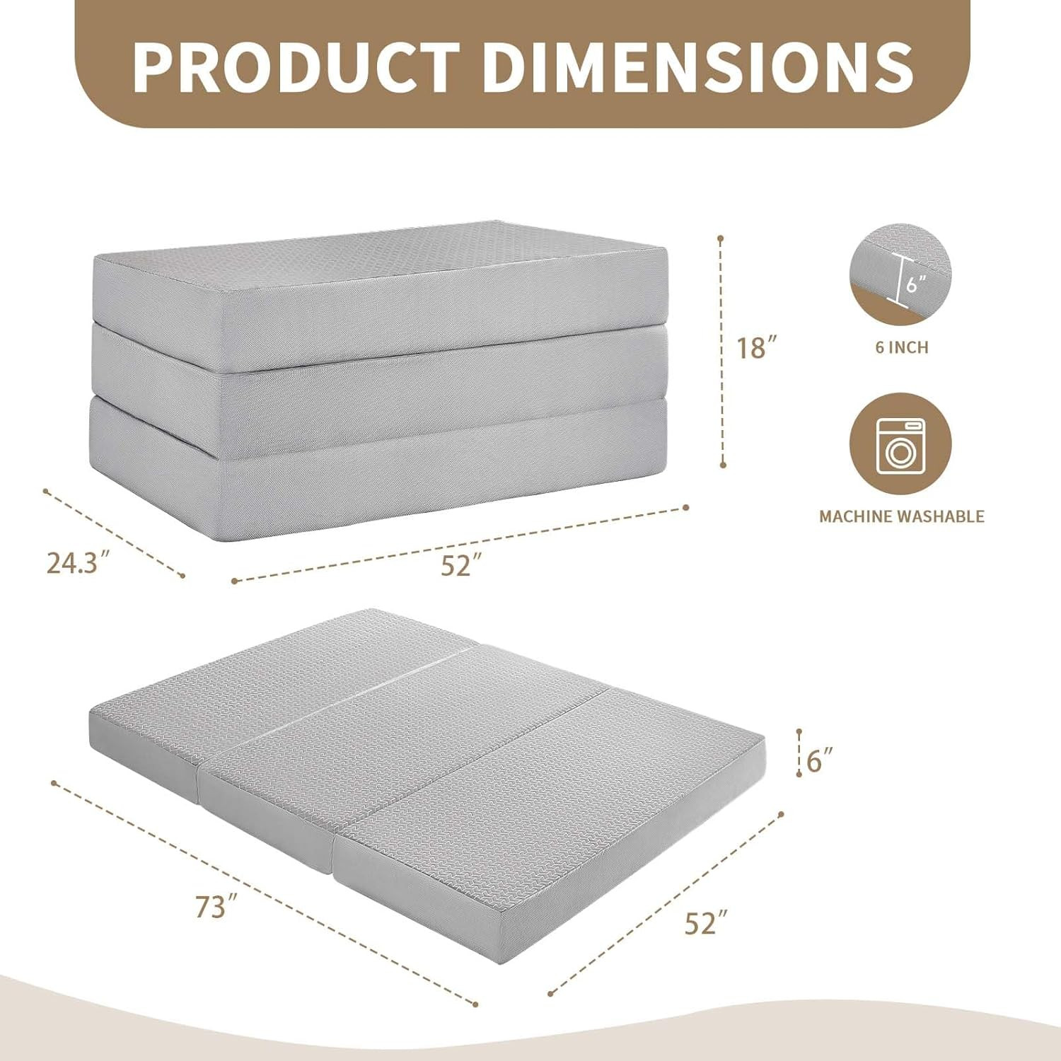 Portable Folding Mattress, 6″ Memory Foam Tri-Fold Bed for RV & Guests, Grey