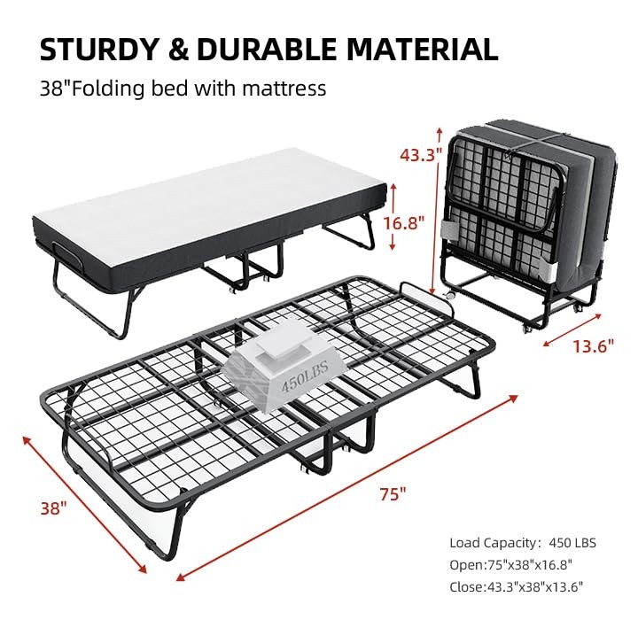 Folding Bed with Mattress and Storage Cover – 75″x38″ Twin Size 38×75 INCH