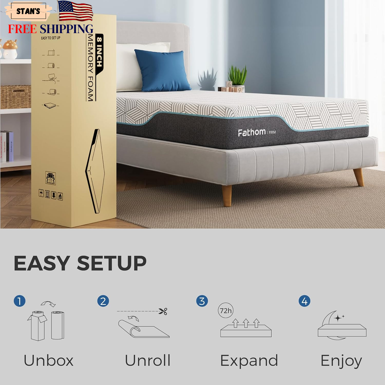FATHOM Firm Full Mattress 8 Inch Memory Foam Mattress Full Size Bed in a Box for