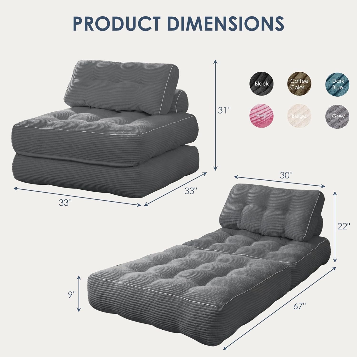 Folding Sofa Bed,Convertible Sleeper Chair for Adults, Bed Grey