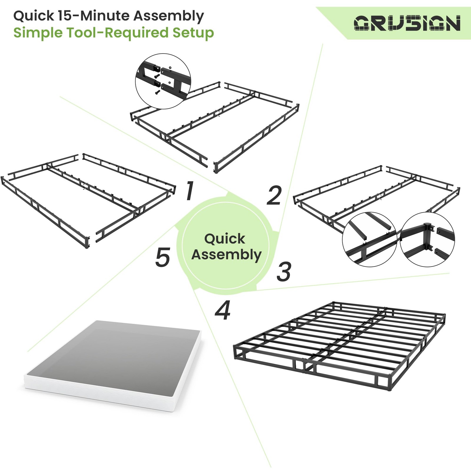 GRUSIGN 7 Inch Box Spring for Queen Bed, Quick Assembly Queen, Black