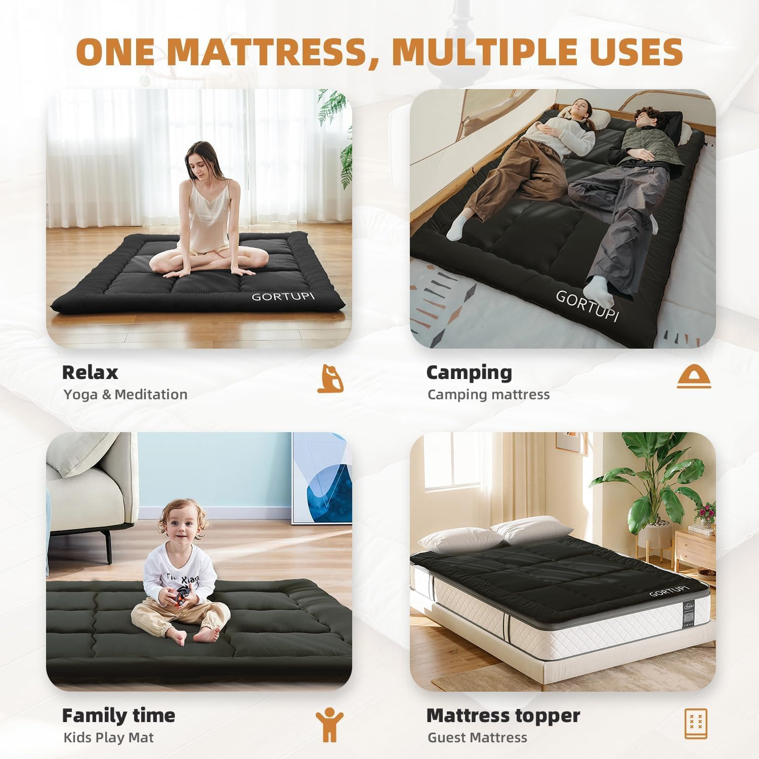 Japanese Floor Mattress,Futon Mattress 3″ Black Thicken 100% High Density Comfor