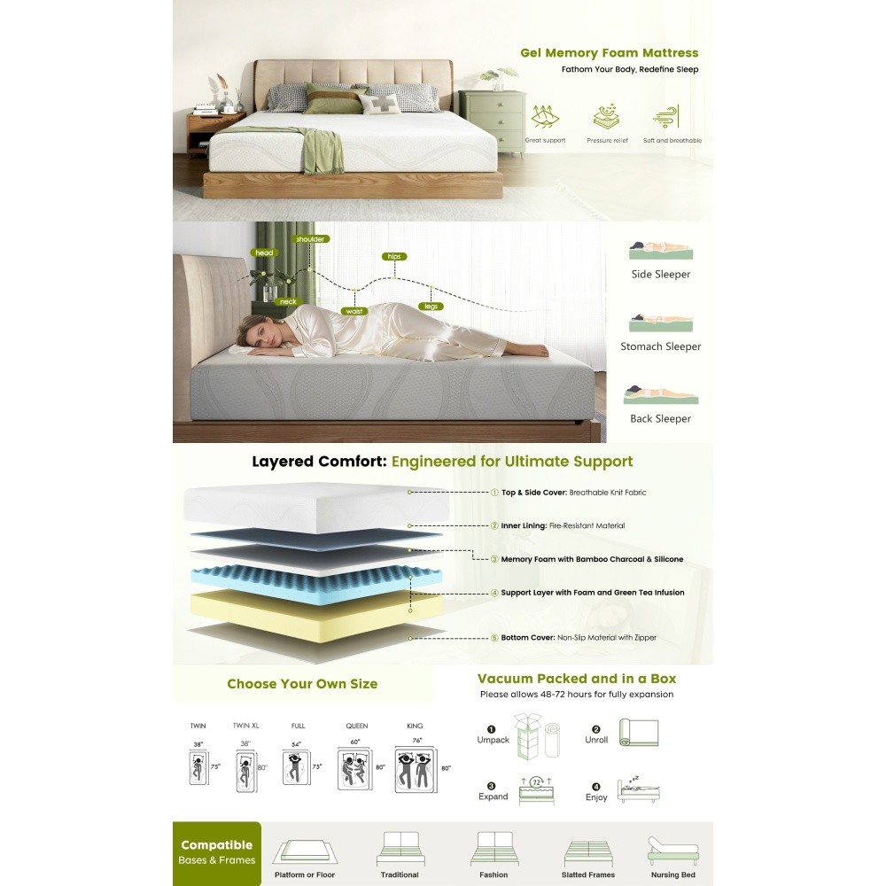 10″ Full Memory Foam Mattress, Cooling Green Tea Gel, CertiPUR-US Certified