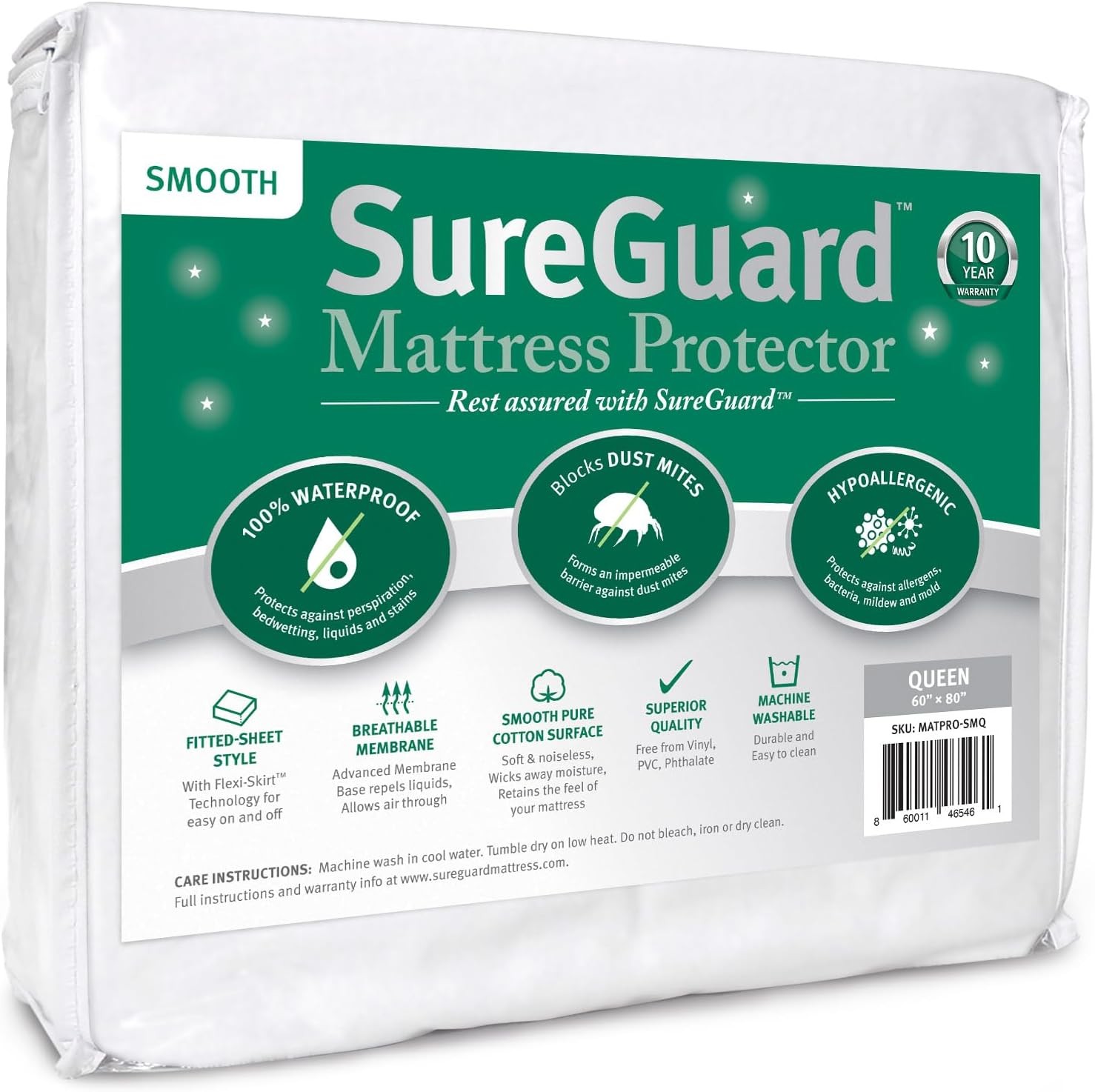 SureGuard Queen Size Mattress Protector – 100% Waterproof, Queen, White