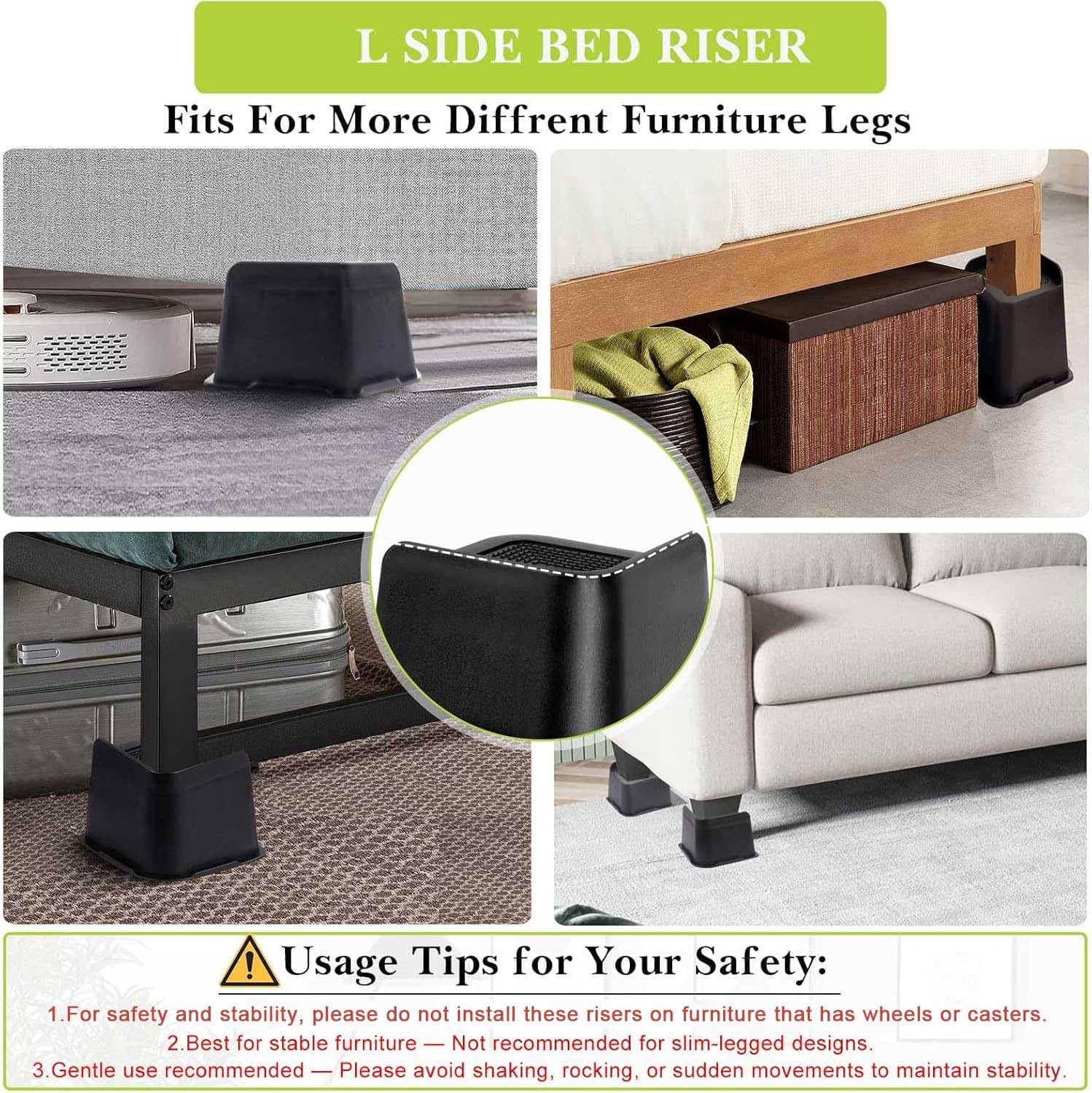 Bed Risers 2 inch, 3 4 6 8 4 Inch, Black 4 Pack
