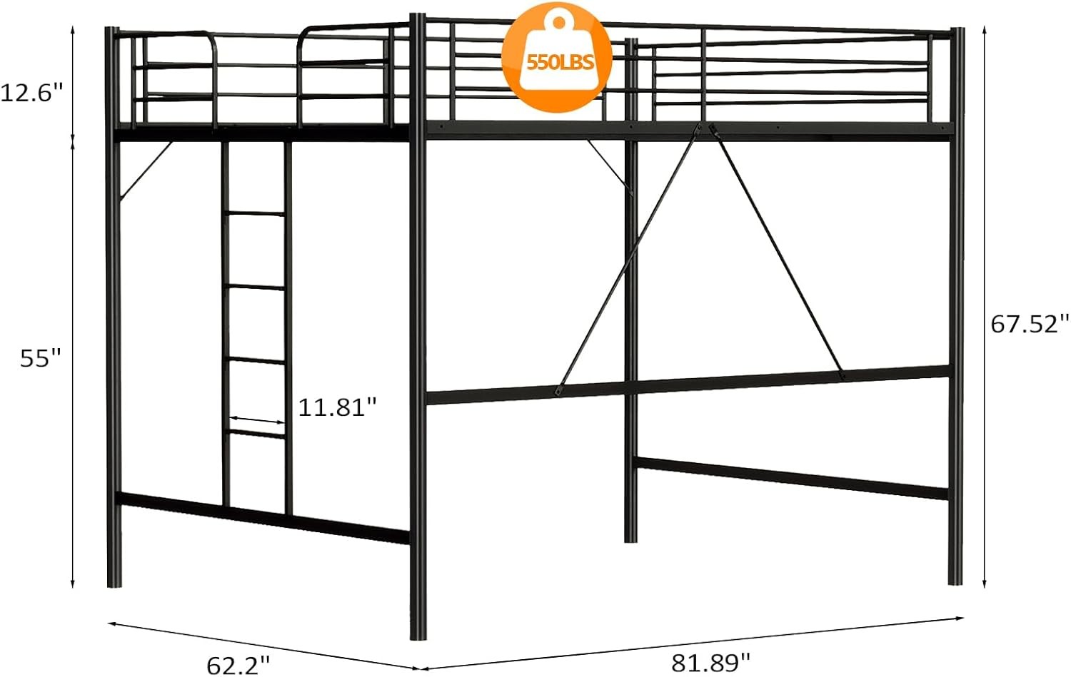 Queen Loft Bed with Flat Rungs for Adults, Kids and Young Teens, No