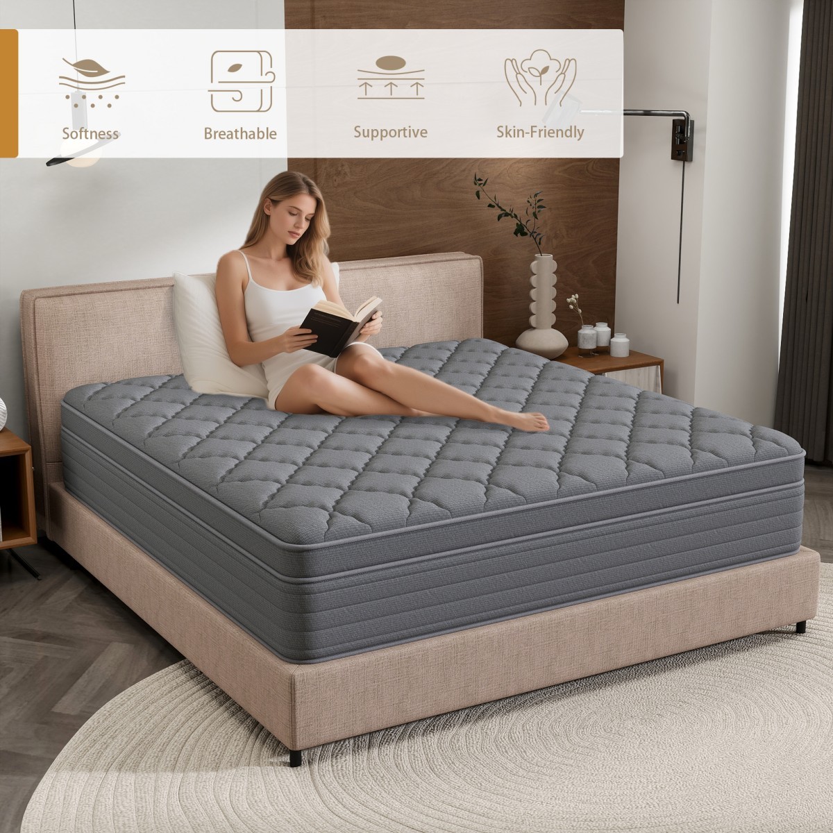 12/14 Inch Memory Foam Spring Hybrid Mattress In A Box Twin Full Queen King Gray