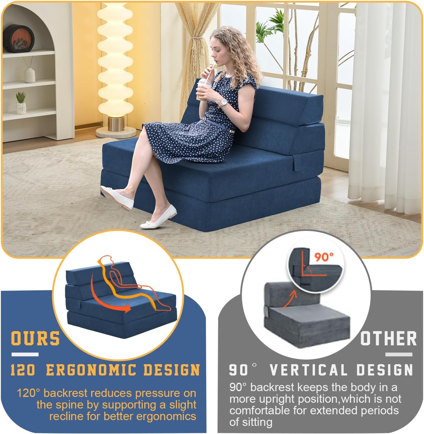 jela Foldable Sofa Bed Soft Foam Convertible Standard, Miss Fabric Navy
