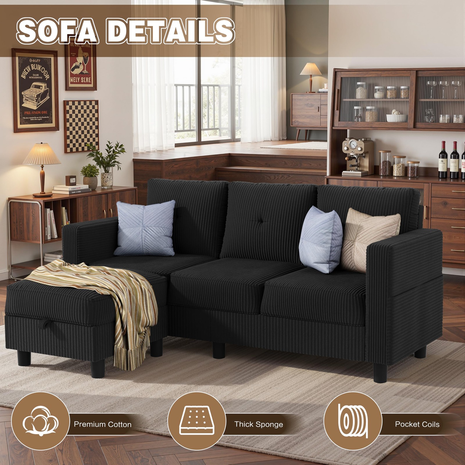 JAMFLY Convertible L-Shaped Sectional Sofa with Reversible 77 Inch, Black