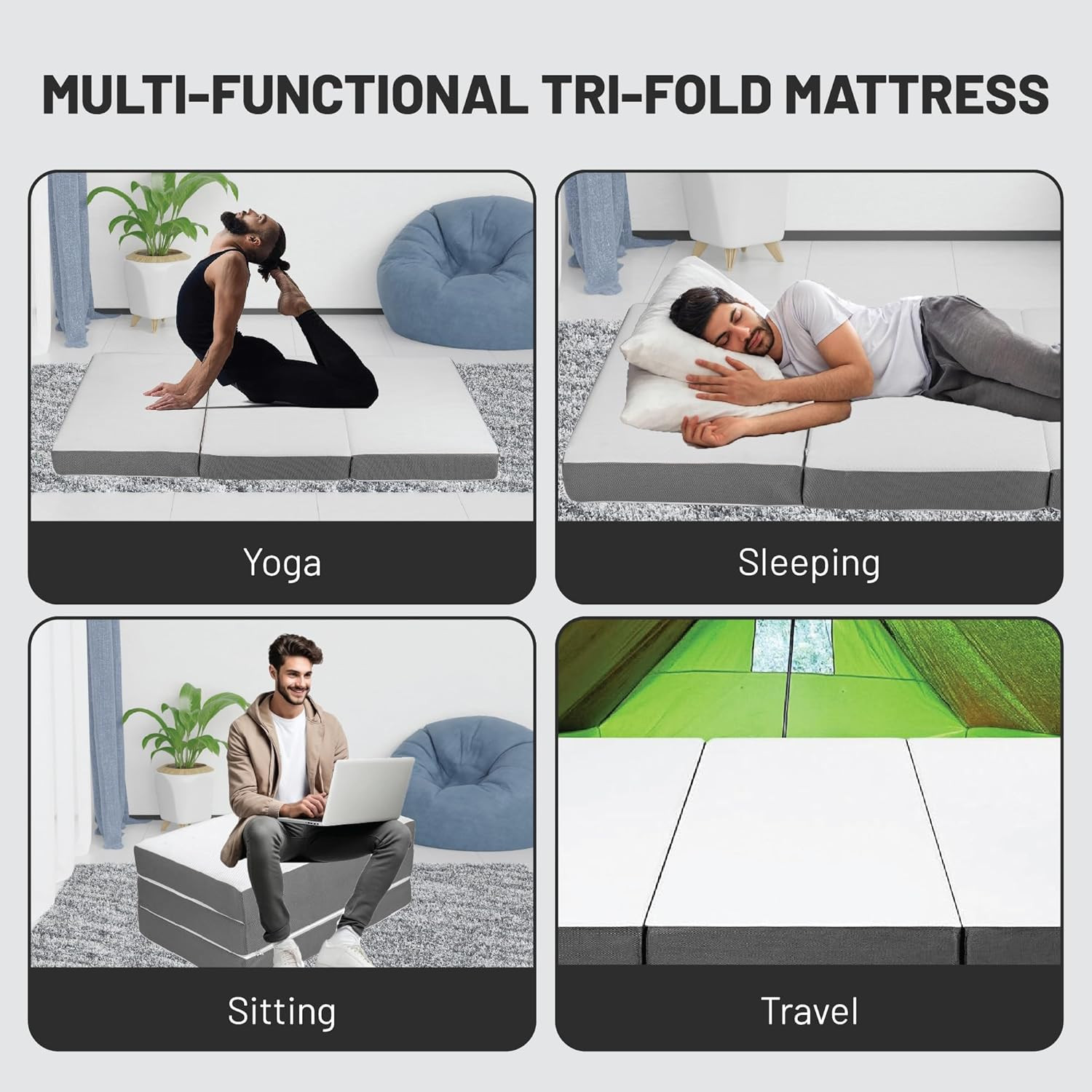 , 5-Inch Tri-Folding Gel Memory Foam Portable Floor Mattress | Breathable Mesh,