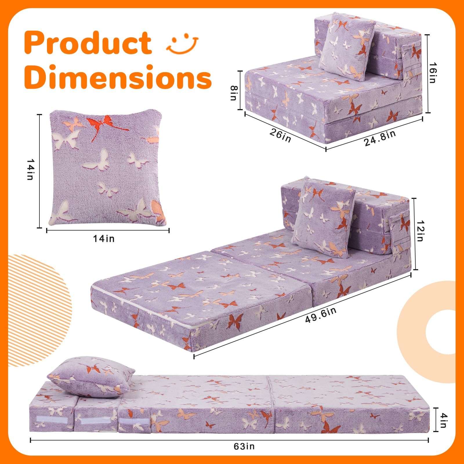 Foldable Futon Chair Bed for Kids, Glow Tri-fold Sofa Bed Convertible Toddler…