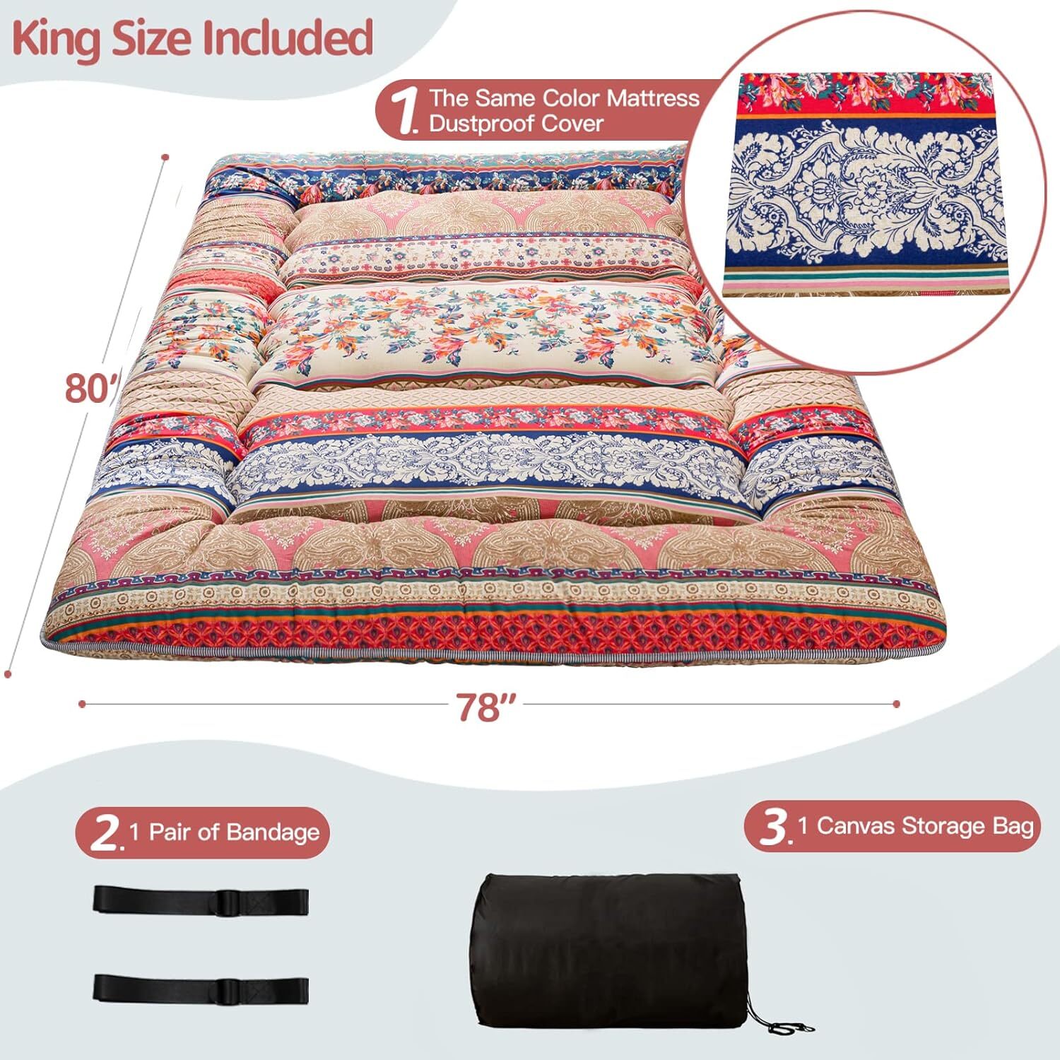 MAXYOYO Bohemian Retro Floor Mattress Vintage Floral Japanese Futon Mattress Rol