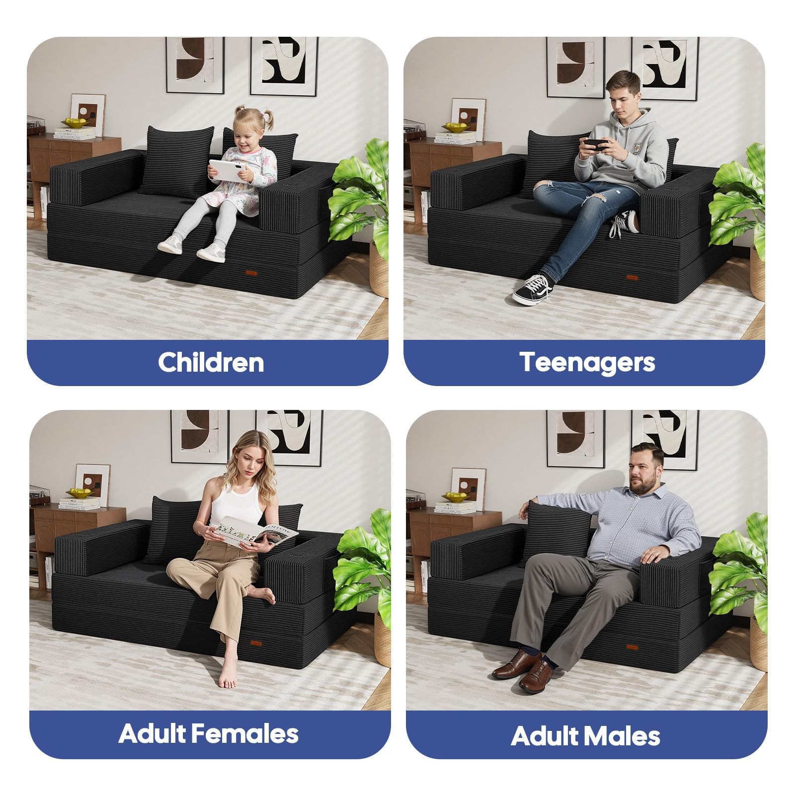 COMAX Futon Sofa Bed, 4‑in‑1 Convertible L-Shaped Loveseat, Black