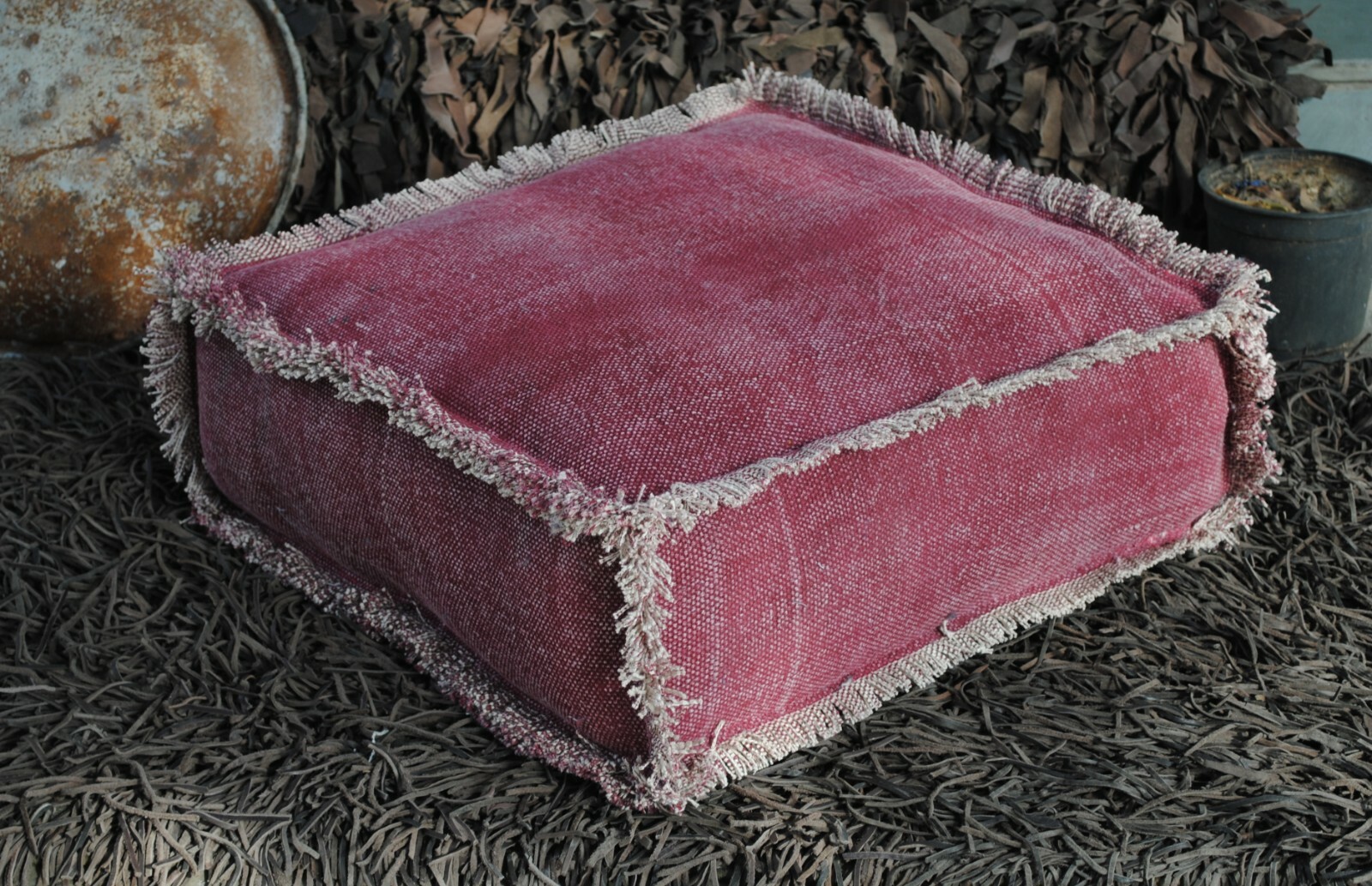 COTTON RUG RED SQUARE MATTRESS WITH FRINGES 50X50X15 CM COZY SITTING SINGLE SEAT