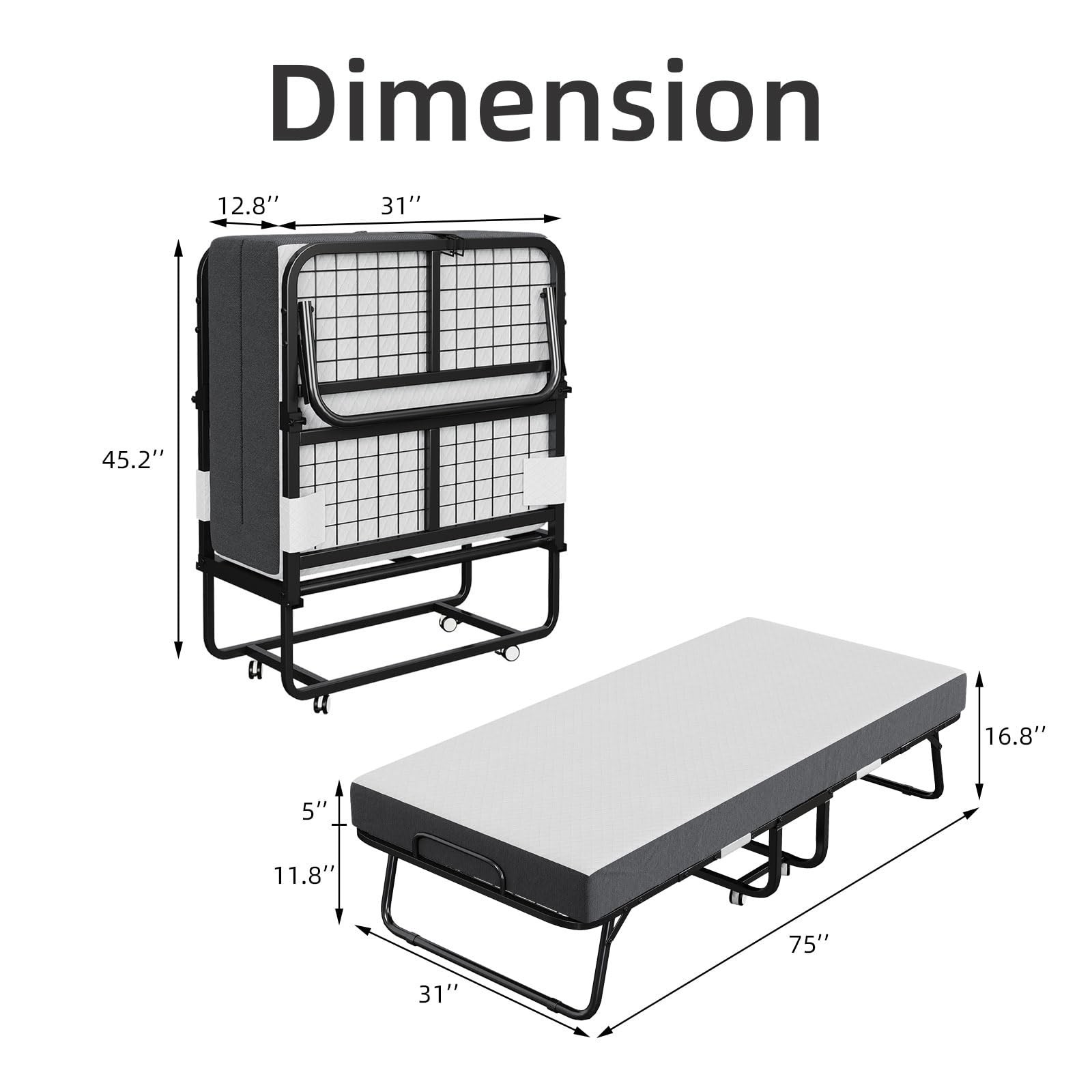 Folding Bed with Mattress Portable Foldable Guest Beds for Adults 75 x 31 Inc…