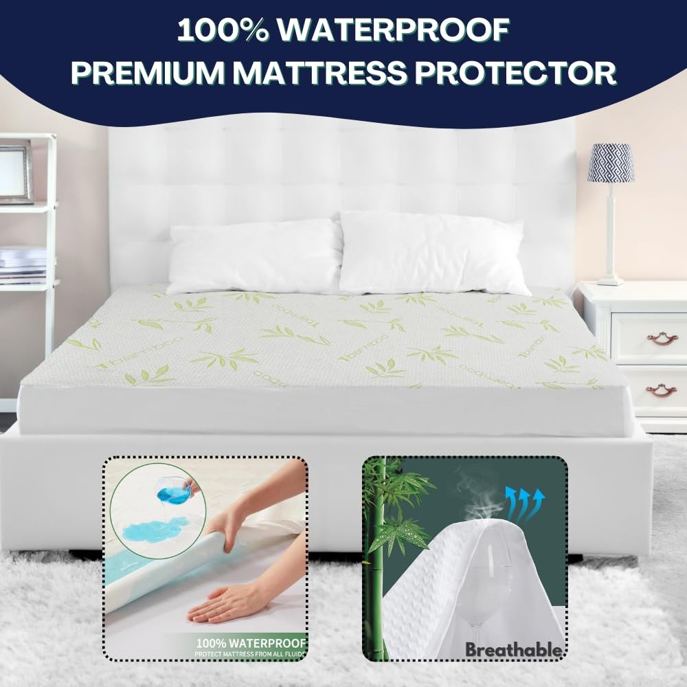 Bamboo Mattress Protector with Zipper – 100% Waterproof King Size King, White