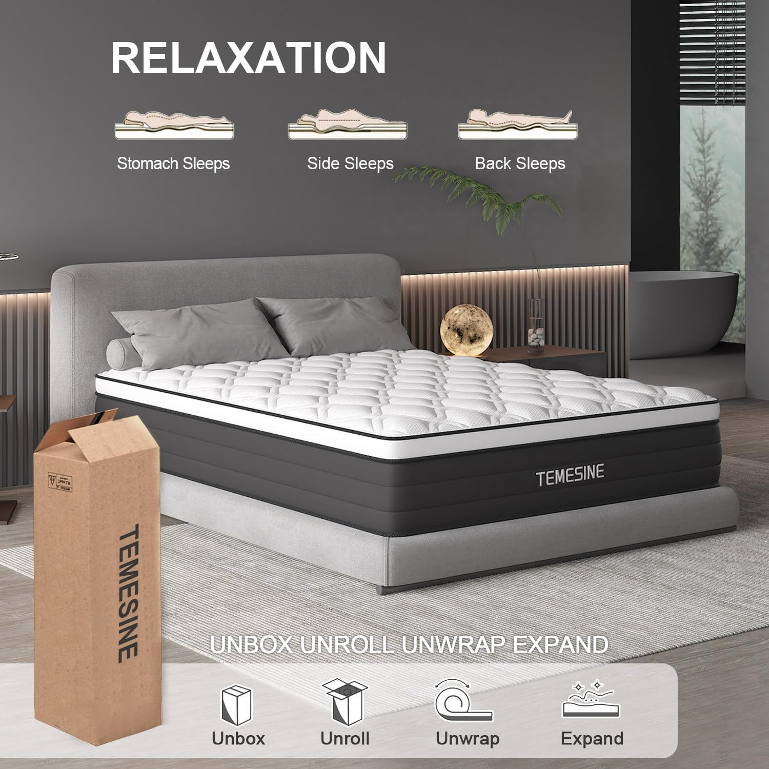 14″ Queen Hybrid Mattress – Gel Memory Foam, Pocket Springs, Medium Firm