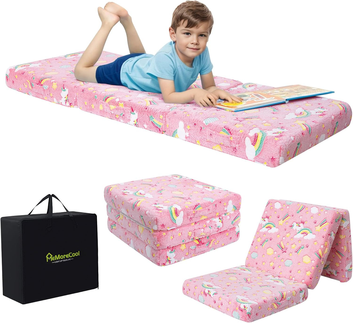 Glow Pink Unicorn Trifold Floor Mattress for Kids – Portable Nap Mat 57×22 Inch