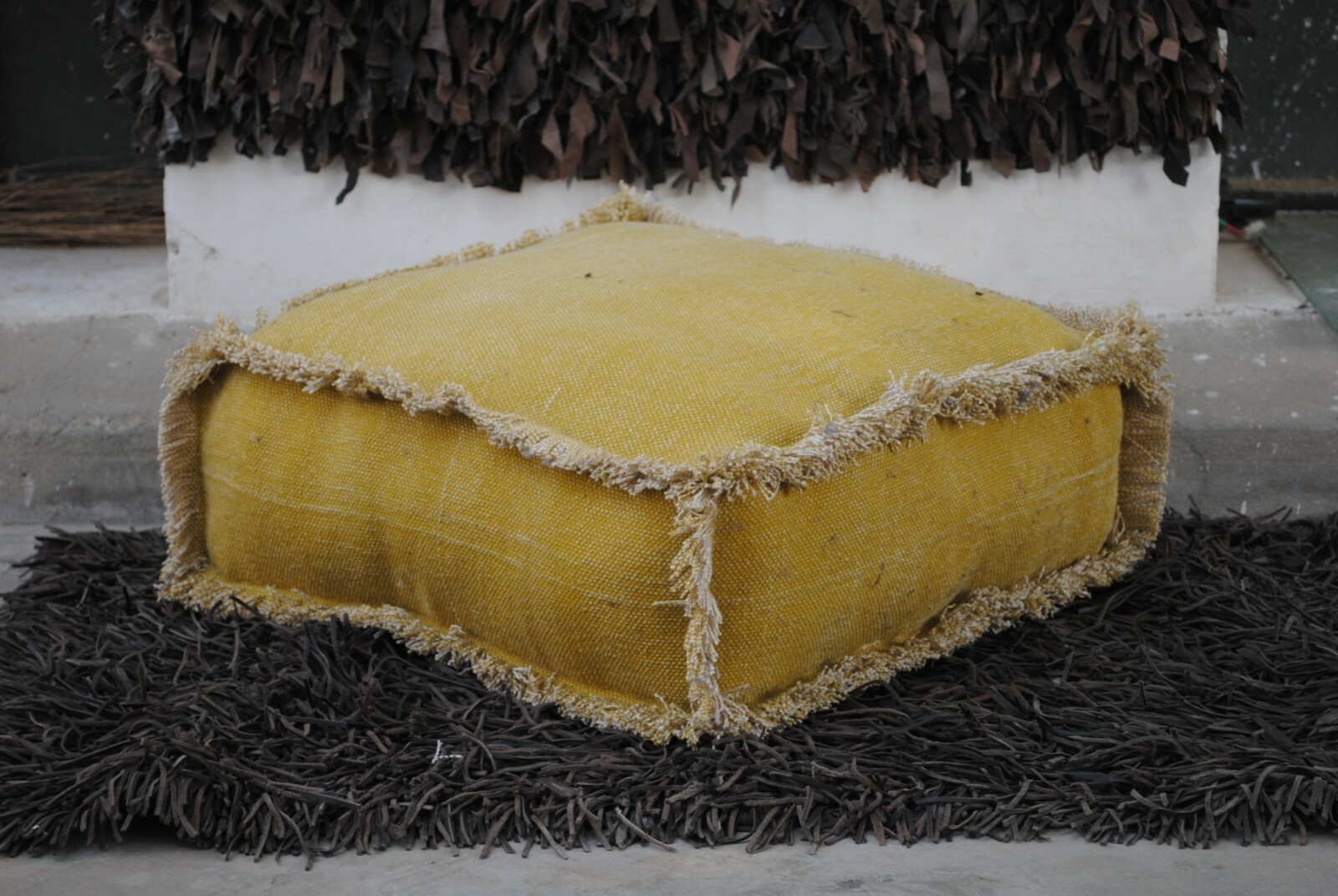 COTTON RUG YELLOW SQUARE MATTRESS WITH FRINGES 50X50X15 CM COZY SITTING 1 SEATER