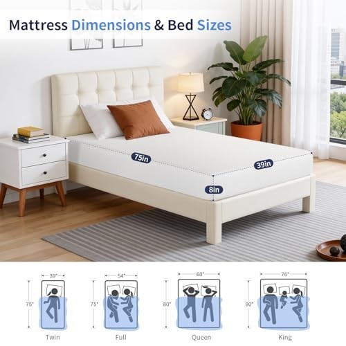FDW 8 Inch Twin Gel Memory Foam Mattress Medium Firm Cooling White