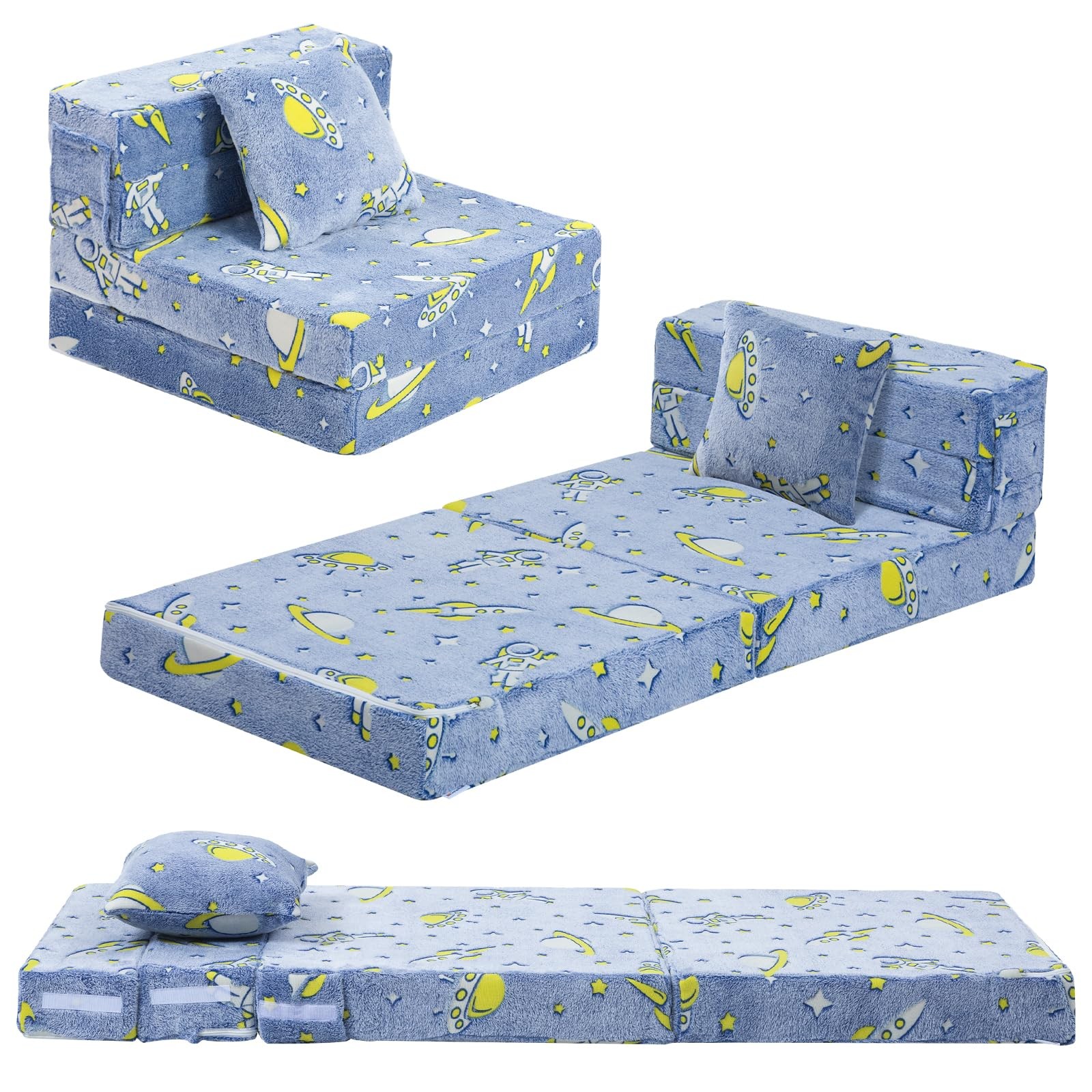 Foldable Futon Chair Bed for Kids, Glow Tri-fold Sofa Bed Convertible Toddler…