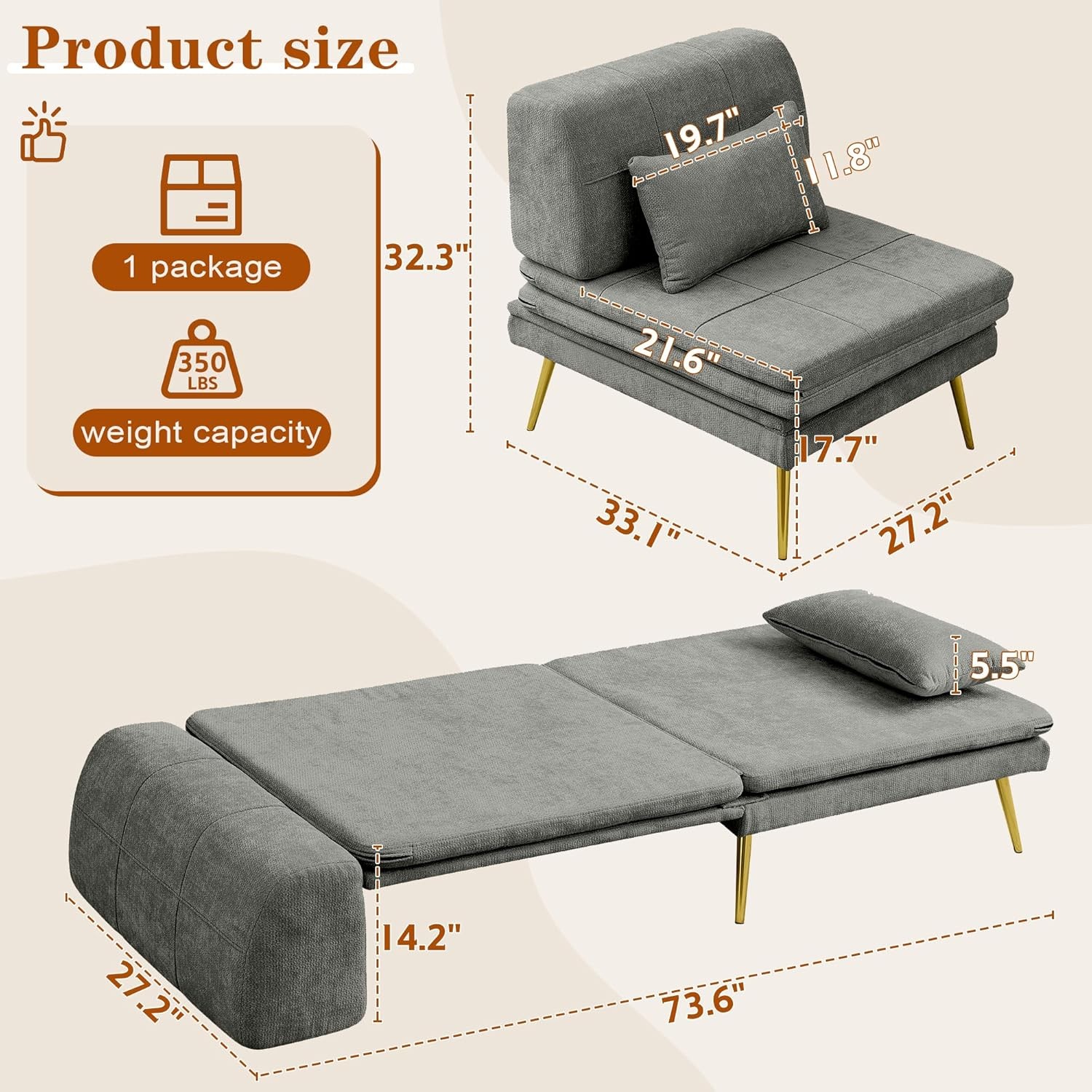 3-in-1 Convertible Sleeper Chair Bed, Futon Sofa Chair with Ba