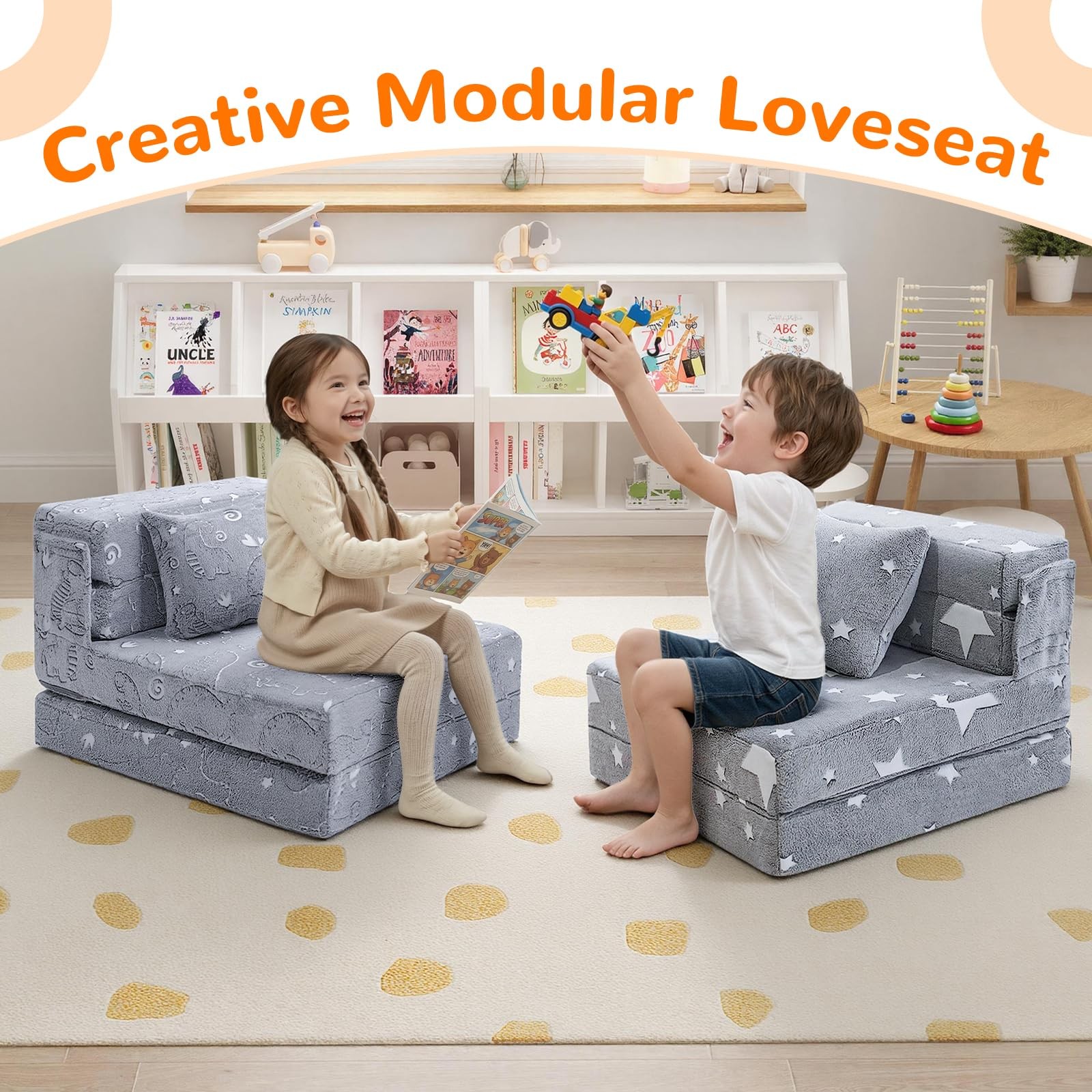 Kids Tri-Fold Sofa Bed – Glow Star Floor Mattress & Foldable Futon Chair Conv…