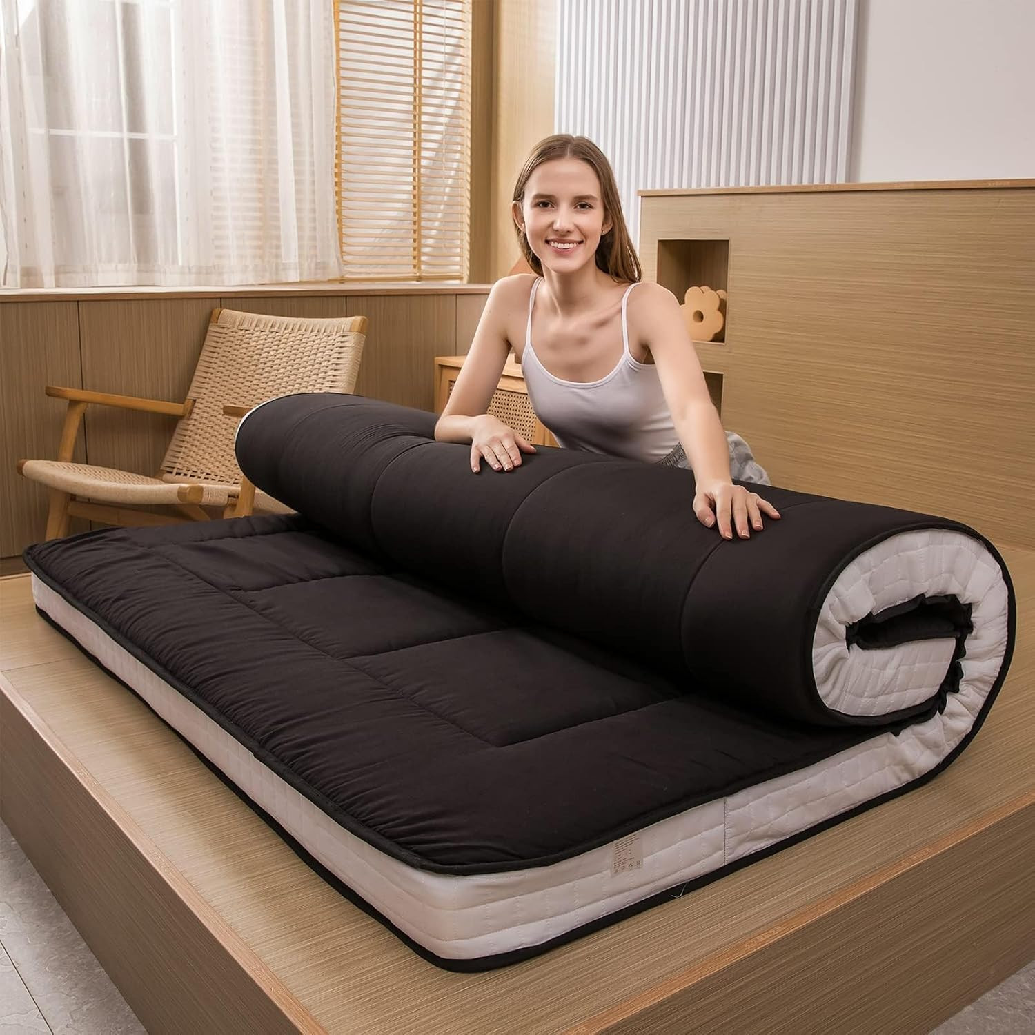 Futón japonés individual negro, plegable, portátil para camping