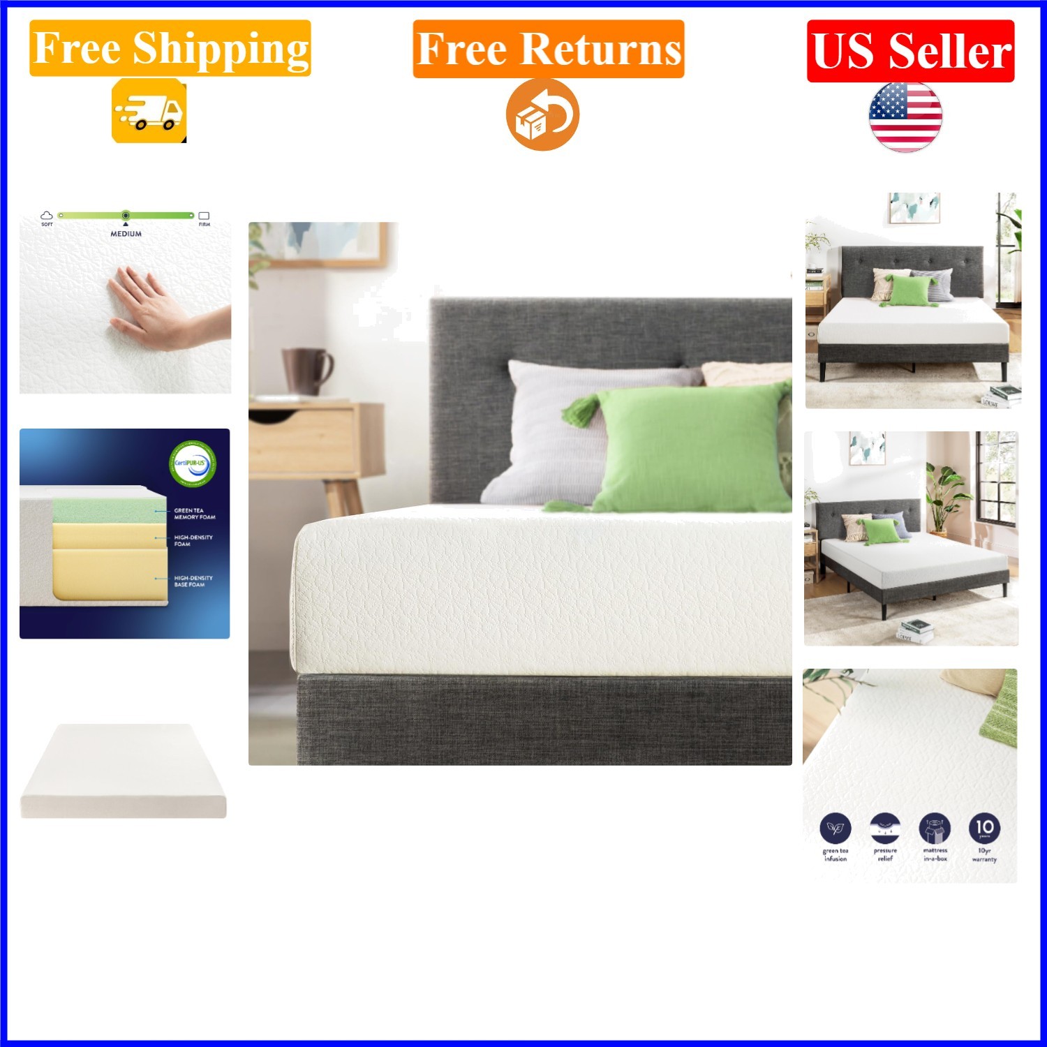 Green Tea Memory Foam Twin Mattress, 6-Inch, Pressure Relief, White