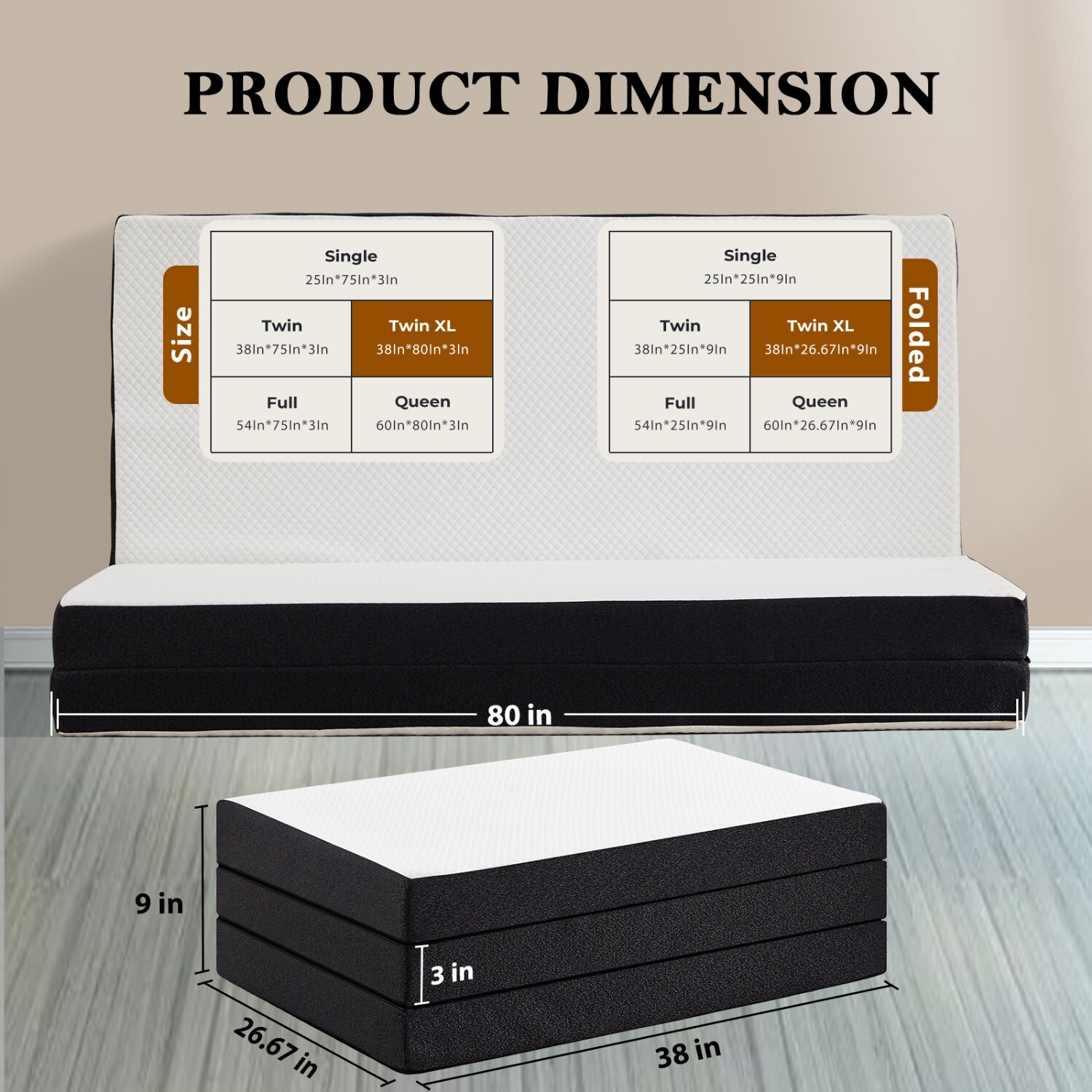 3″ Tri-fold Memory Foam Mattress w/ Washable Cover, Foldable&Portable Floor Bed