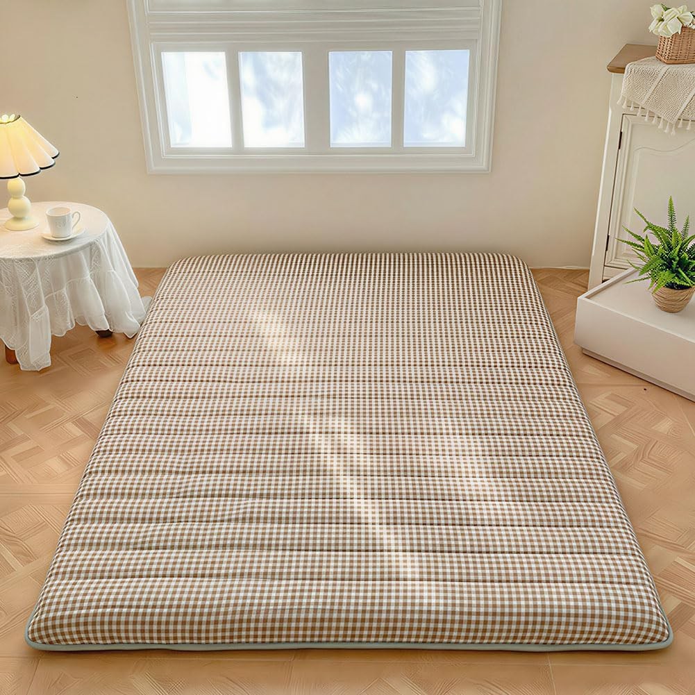 NSNLGSGC Tan Gingham Japanese Floor Mattress, 3.5″ Thick High Density Foam Futon